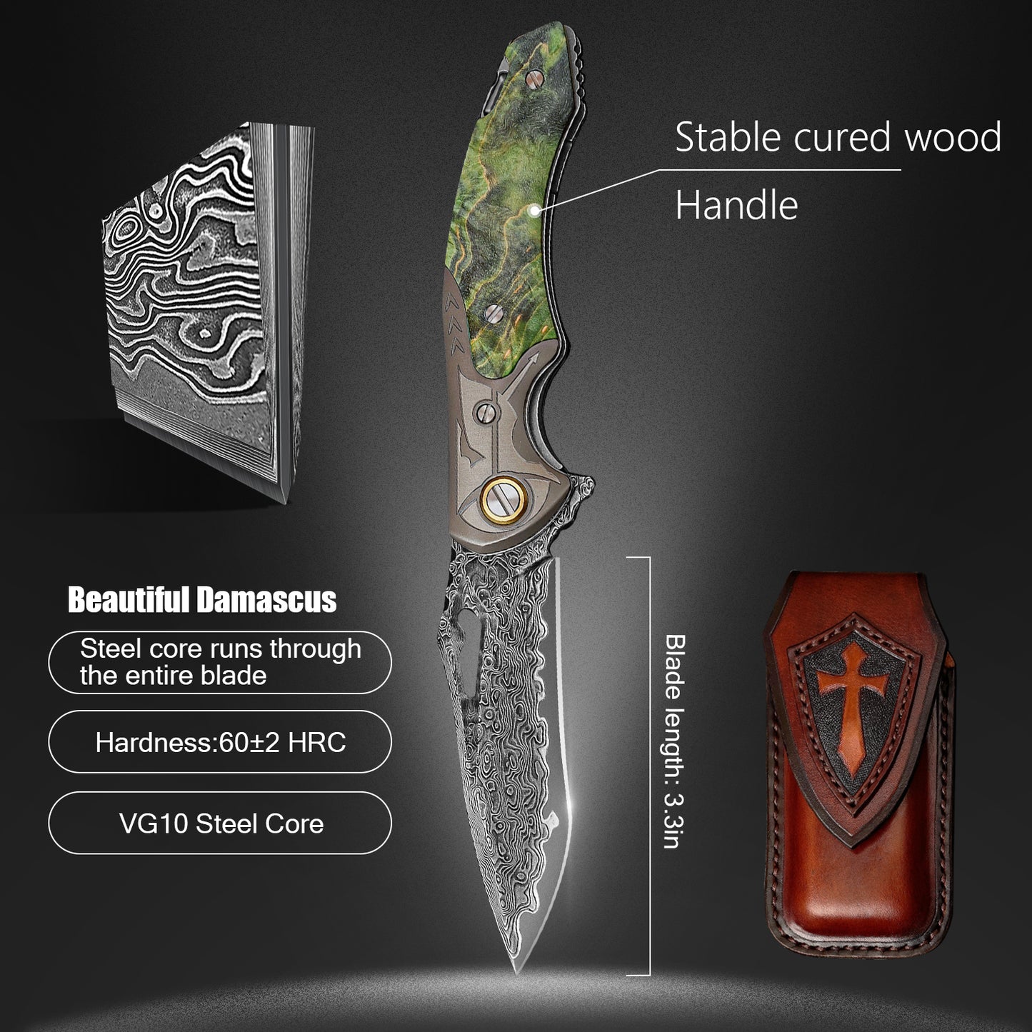 3.35 Inch Folding Pocket Knife,Damascus Steel Blade,American Desert Ironwood Handle