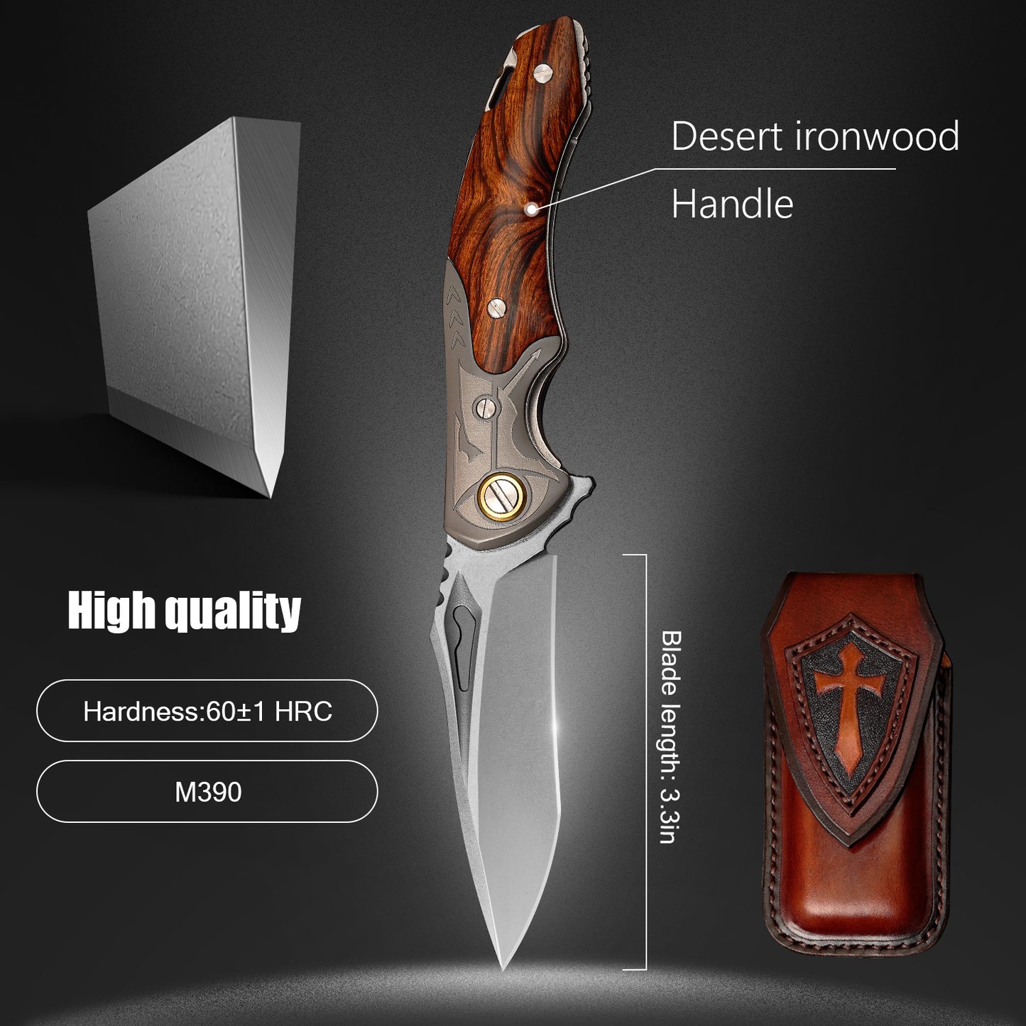 3.35 Inch Folding Pocket Knife,M390 Powder Steel Blade,American Desert Ironwood Handle