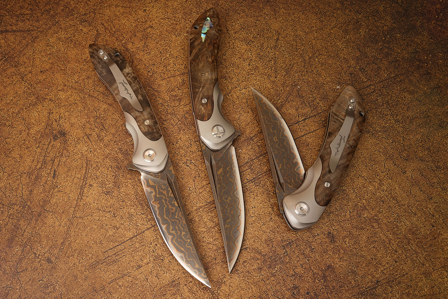 VG10 Damascus Steel Folding Knife with Titanium Handle, Stabilized Wood & Shell Inlay, Handmade Premium EDC Pocket Knife with Leather Sheath