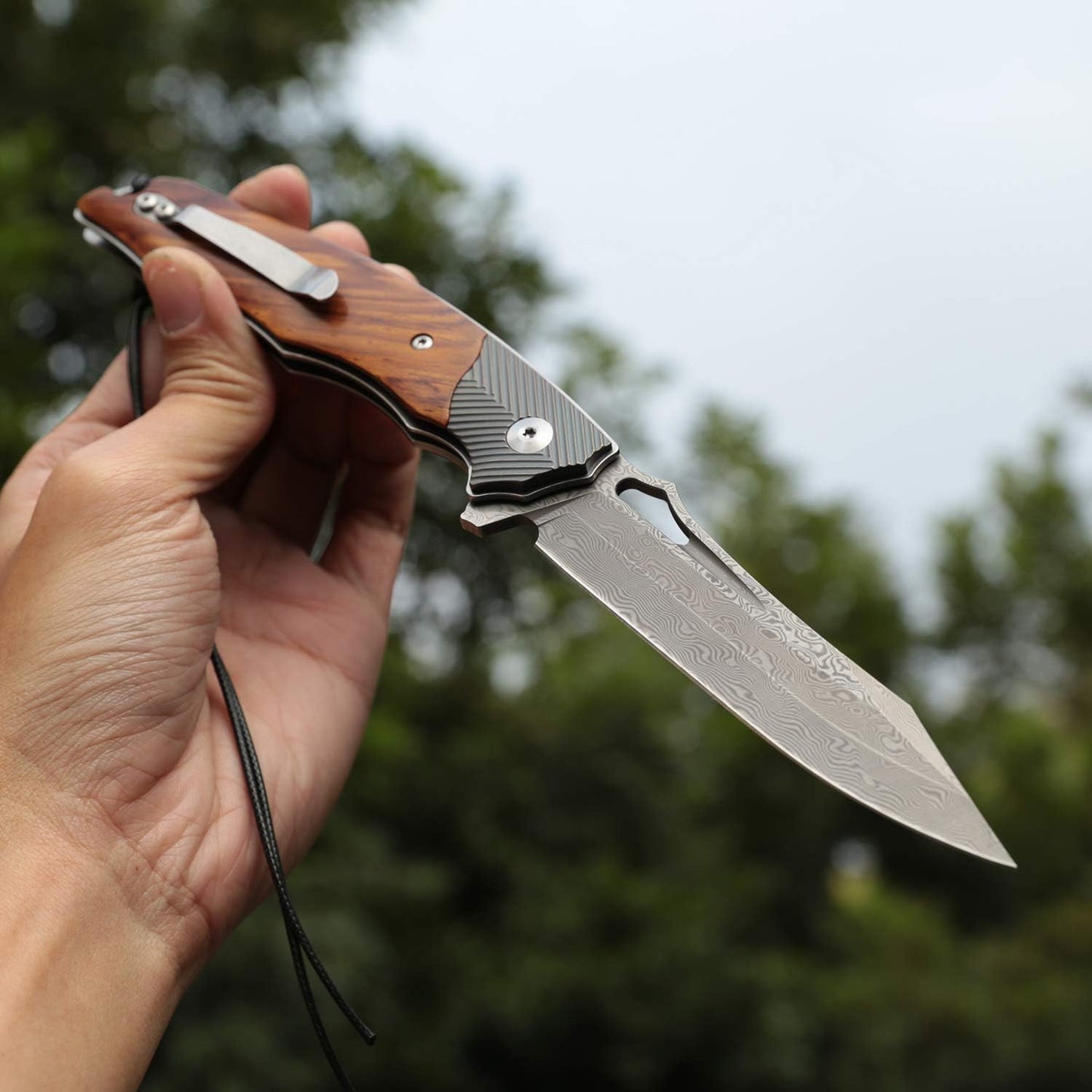 4in Handmade Folding Pocket Knife,Damascus Steel Blade,Titanium and Rosewood Handle,Liner Lock