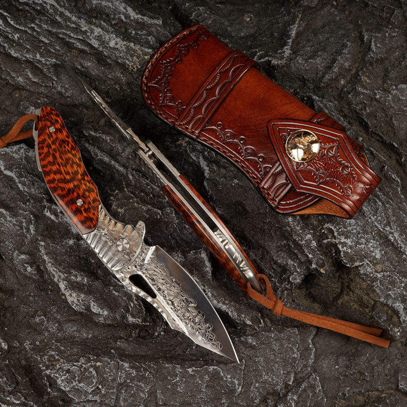 3.54Inch Handmade EDC Tactical Folding Knife,Damascus Steel Blade, Snake Wood Handle