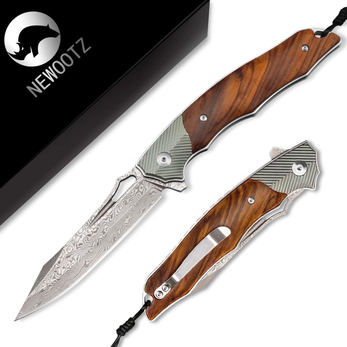 4in Handmade Folding Pocket Knife,Damascus Steel Blade,Titanium and Rosewood Handle,Liner Lock