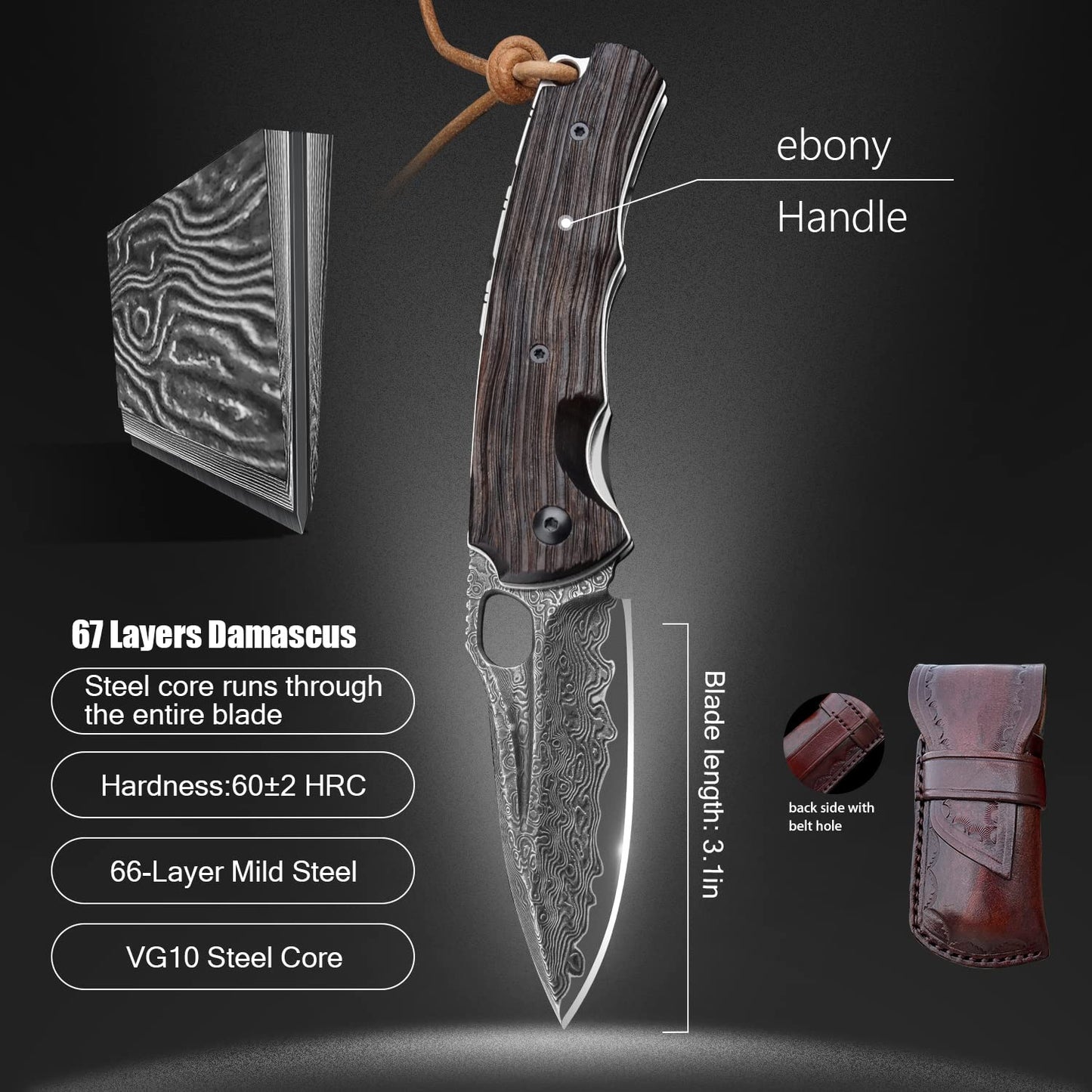 3in Handmade VG 10 Damascus Steel Knife Pocket Knife, Ebony Handle, with Liner Lock,Leather Case