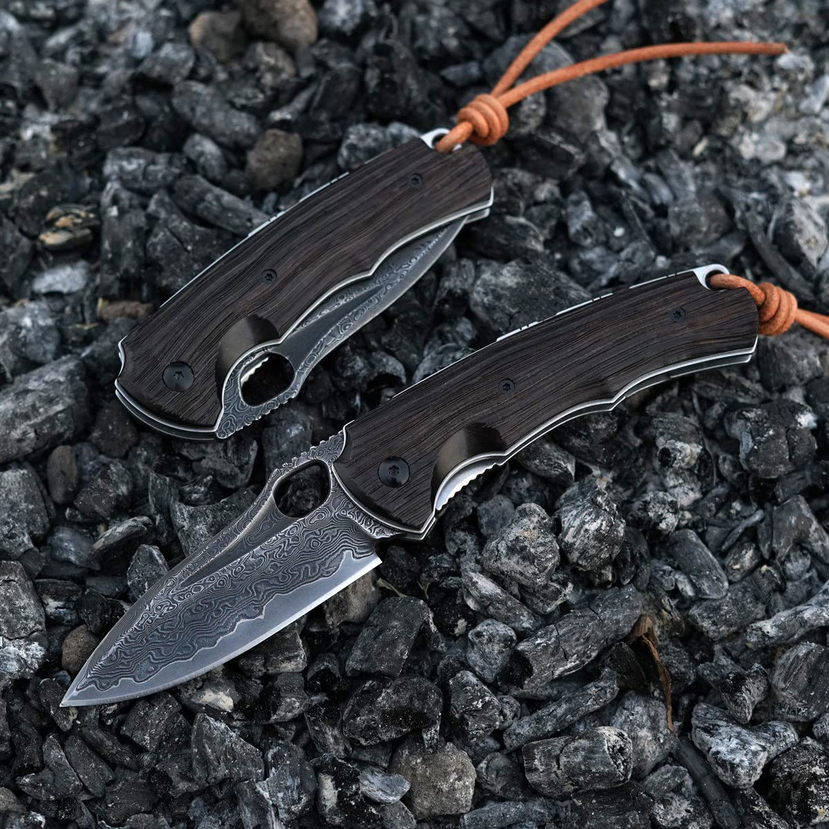 3in Handmade VG 10 Damascus Steel Knife Pocket Knife, Ebony Handle, with Liner Lock,Leather Case