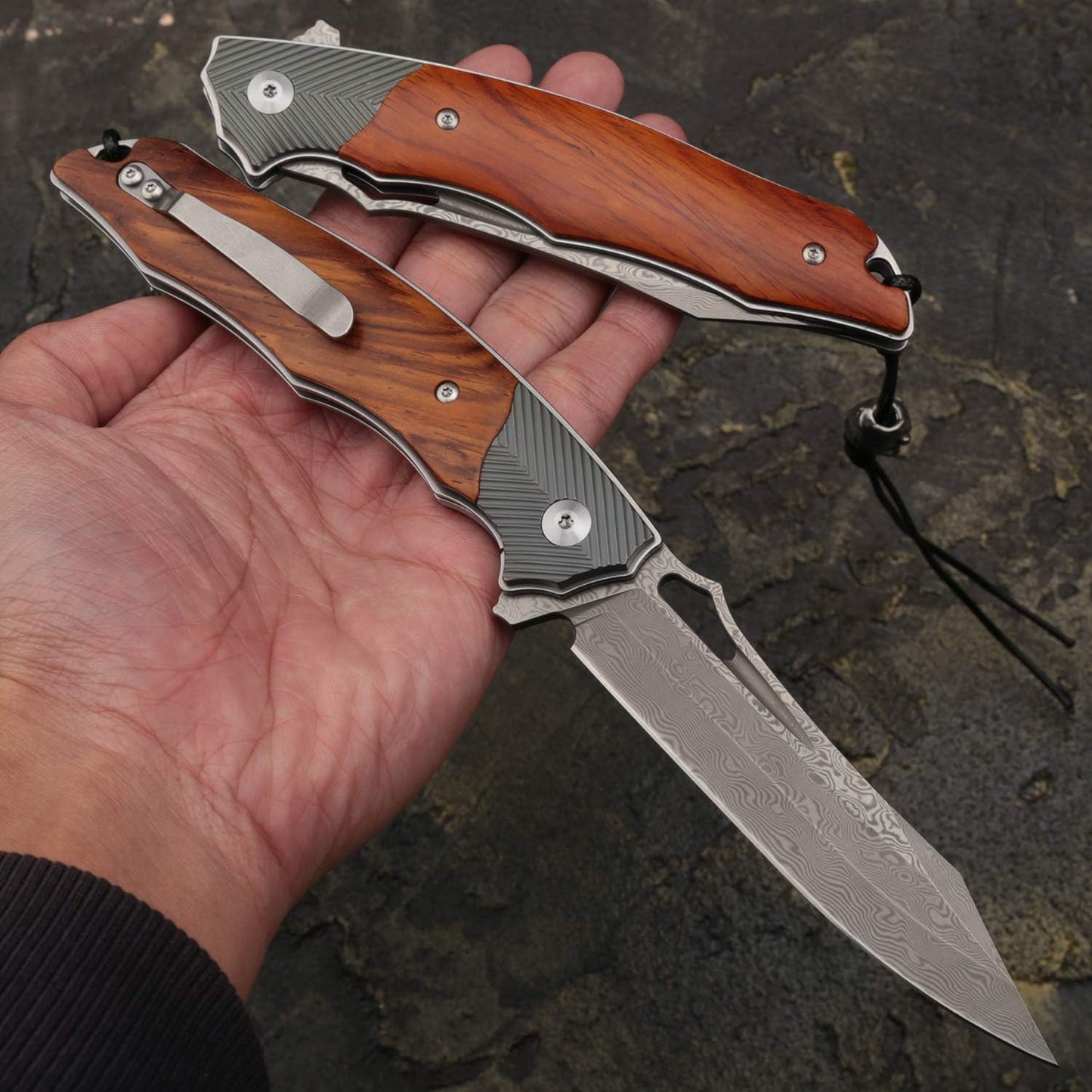 4in Handmade Folding Pocket Knife,Damascus Steel Blade,Titanium and Rosewood Handle,Liner Lock