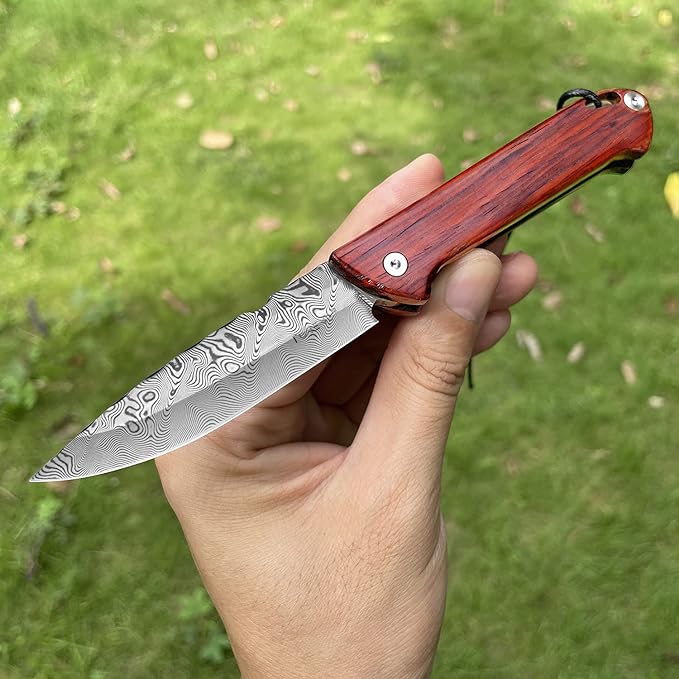 3.1 inch Handmade EDC Pocket Knife, Damascus Steel Blade, Rosewood Wooden Handle