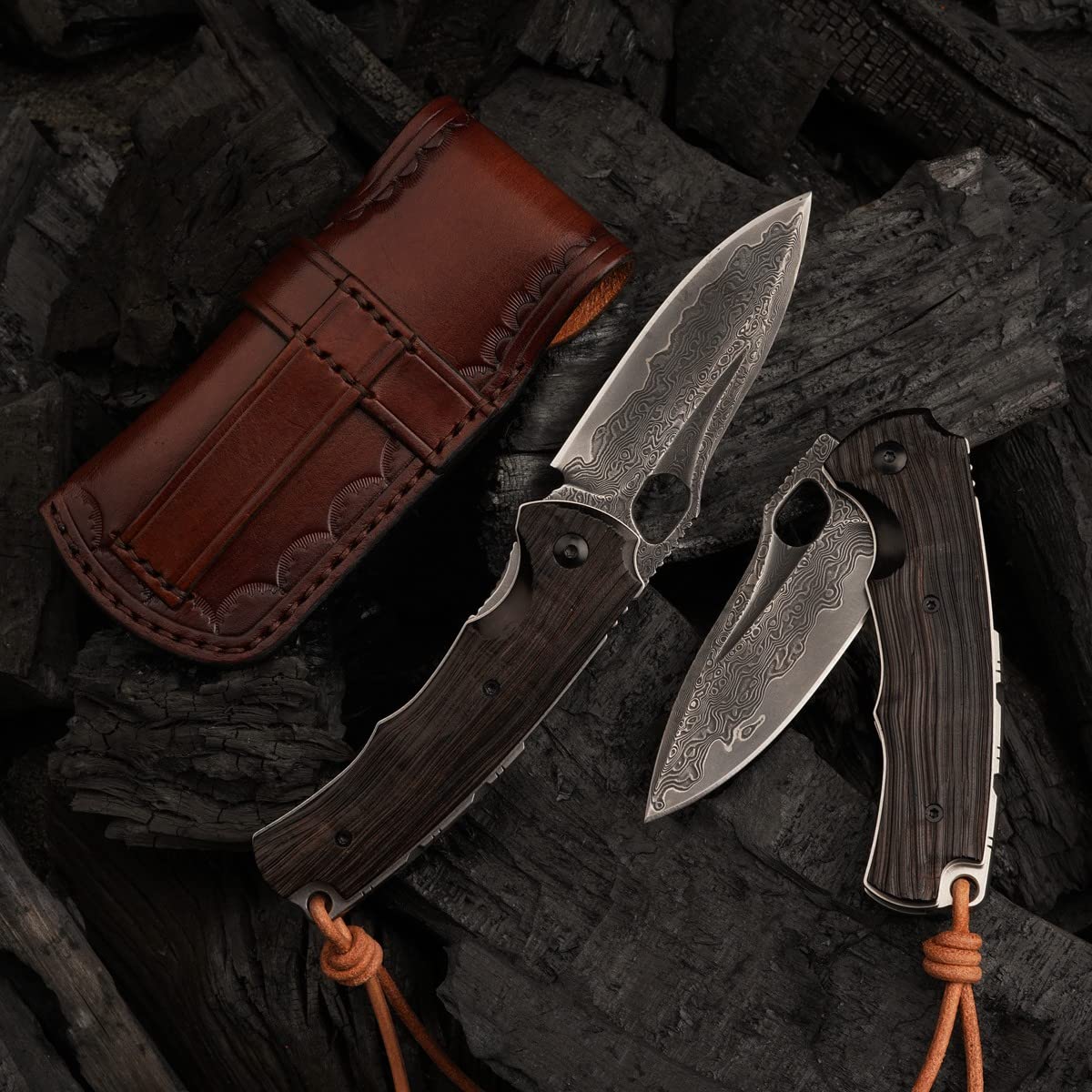 3in Handmade VG 10 Damascus Steel Knife Pocket Knife, Ebony Handle, with Liner Lock,Leather Case