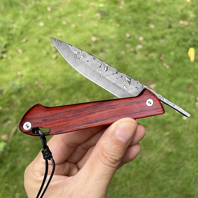 3.1 inch Handmade EDC Pocket Knife, Damascus Steel Blade, Rosewood Wooden Handle