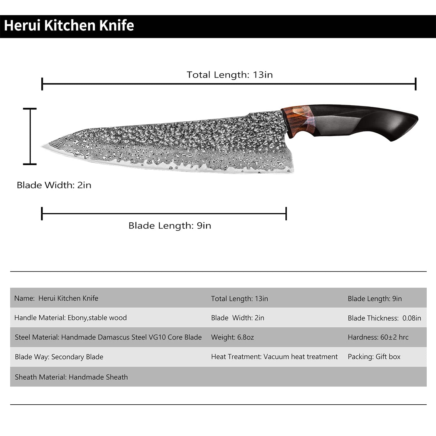 8.5inch Japanese chef's knife, Damascus Steel VG10 Core Blade,Ebony Wood Handle