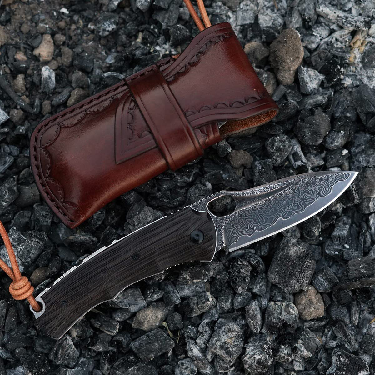 3in Handmade VG 10 Damascus Steel Knife Pocket Knife, Ebony Handle, with Liner Lock,Leather Case