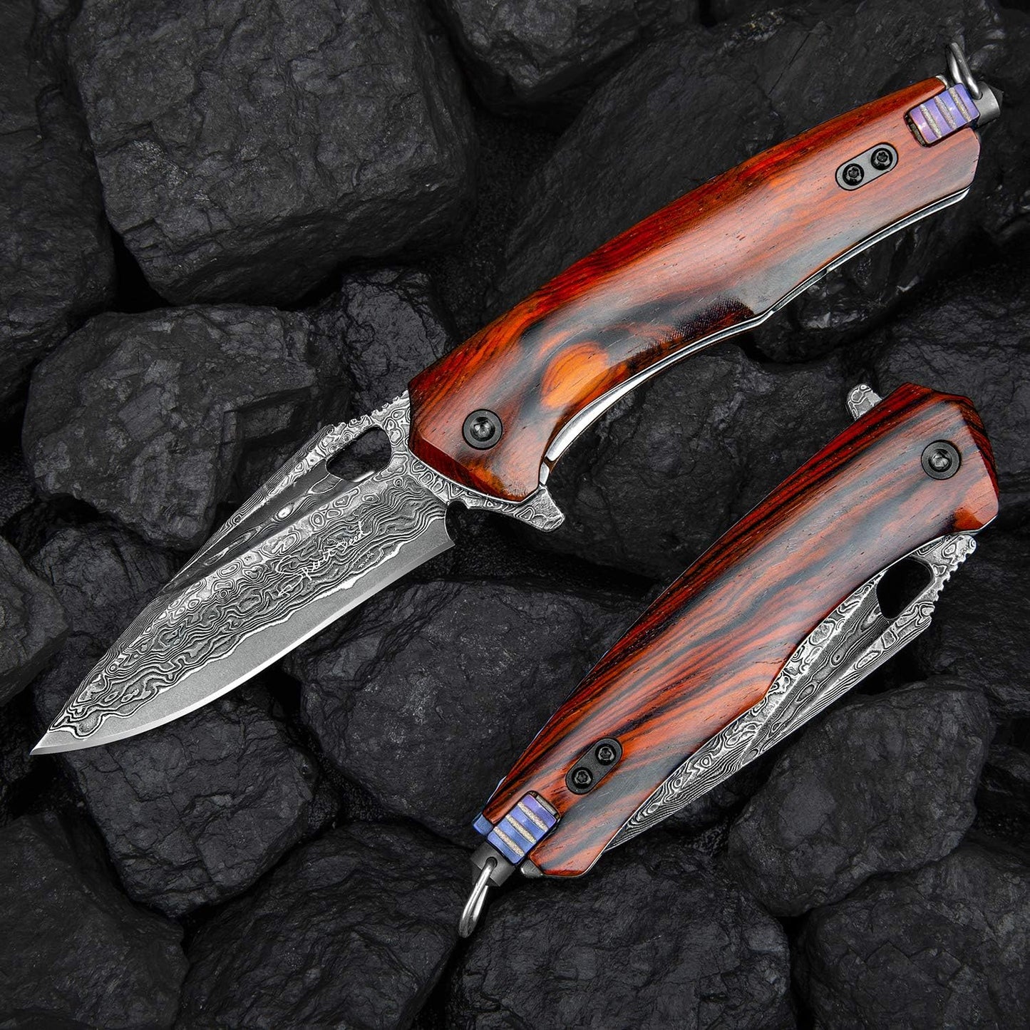 3 Inch Japanese Pocket Folding Knife,Vg10 Damascus Steel ,Rosewood Handle,Leather Sheath