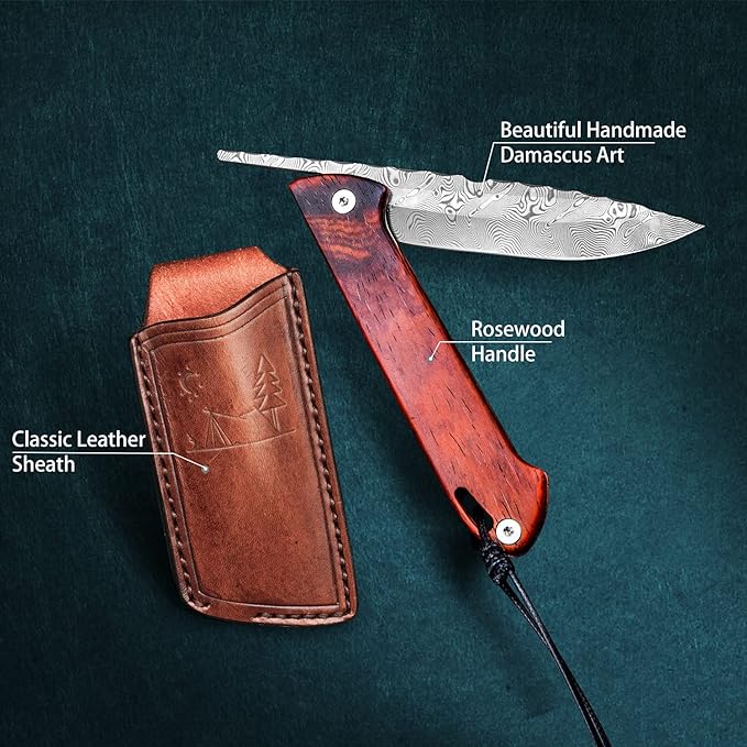 3.1 inch Handmade EDC Pocket Knife, Damascus Steel Blade, Rosewood Wooden Handle