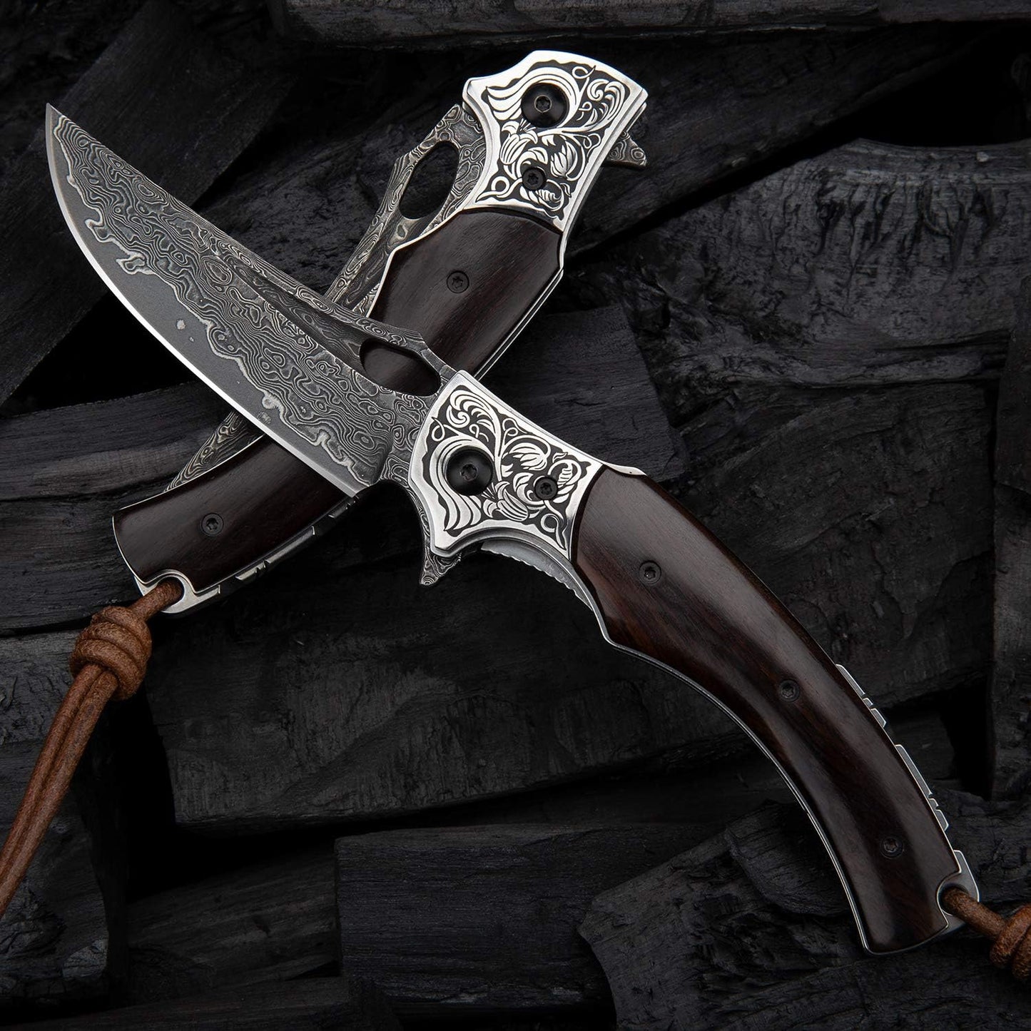 3.5in Handmade Japanese Folding Pocket Knife,Vg10 Damascus Steel Blade, Ebony Wood Handle,Liner Lock