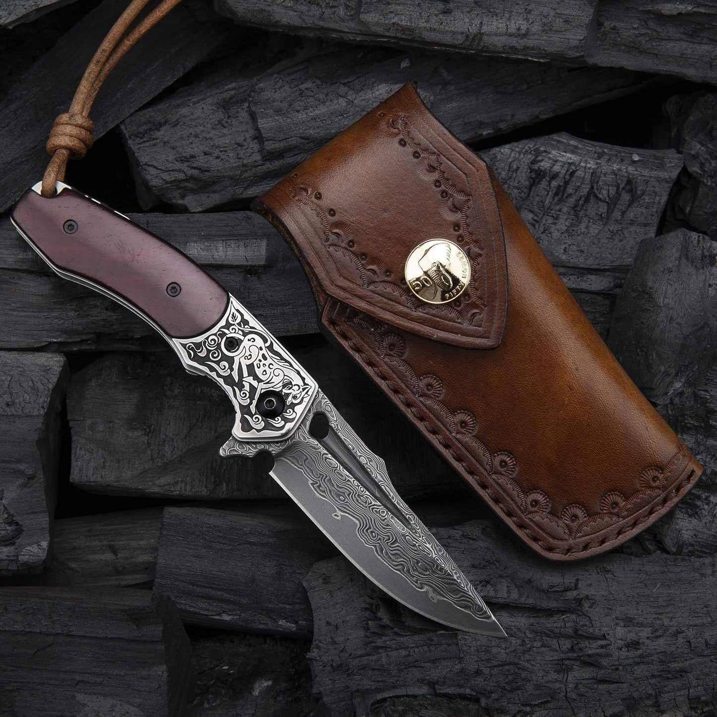 Handmade Japanese Vg10 Damascus Steel Pocket Knife,Rosewood Handle,Sheath,Liner Lock,