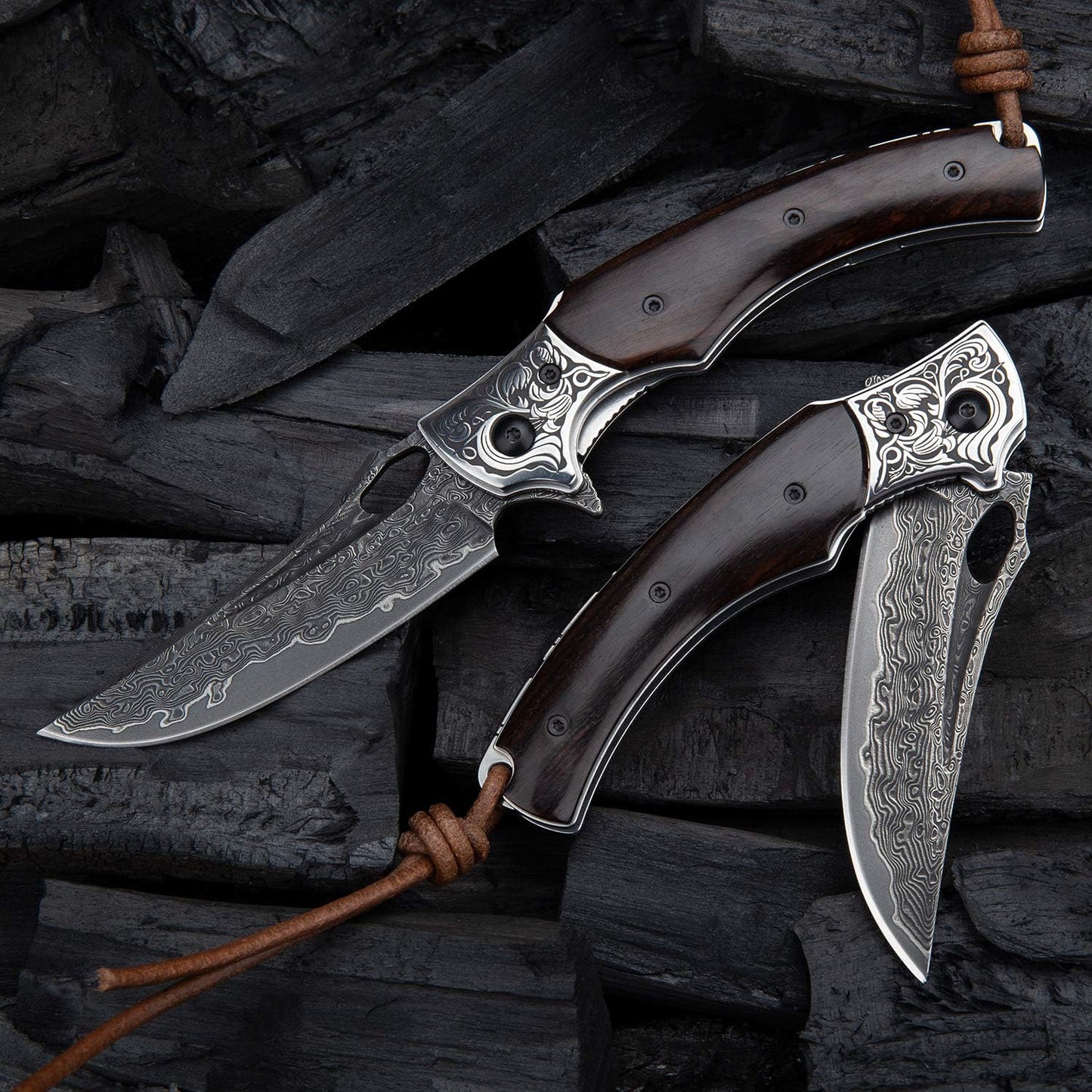 3.5in Handmade Japanese Folding Pocket Knife,Vg10 Damascus Steel Blade, Ebony Wood Handle,Liner Lock