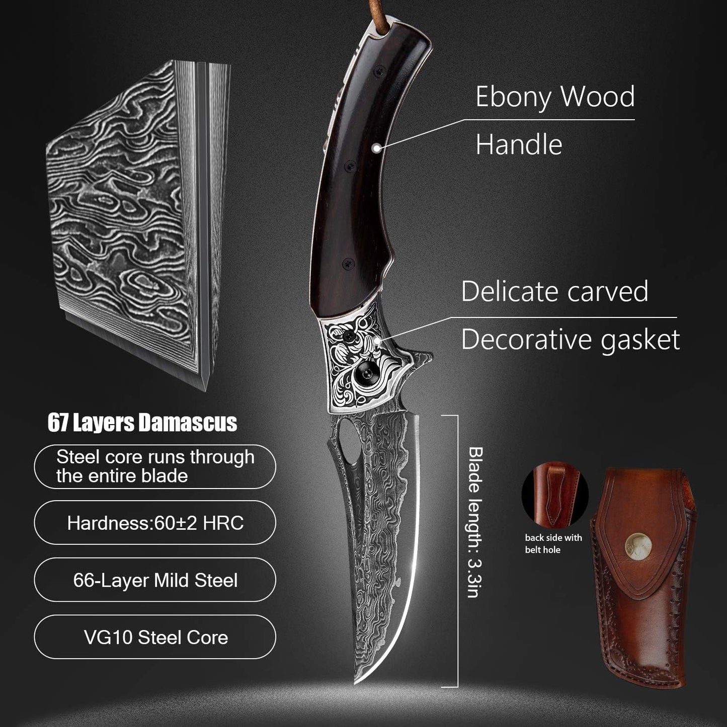 3.5in Handmade Japanese Folding Pocket Knife,Vg10 Damascus Steel Blade, Ebony Wood Handle,Liner Lock