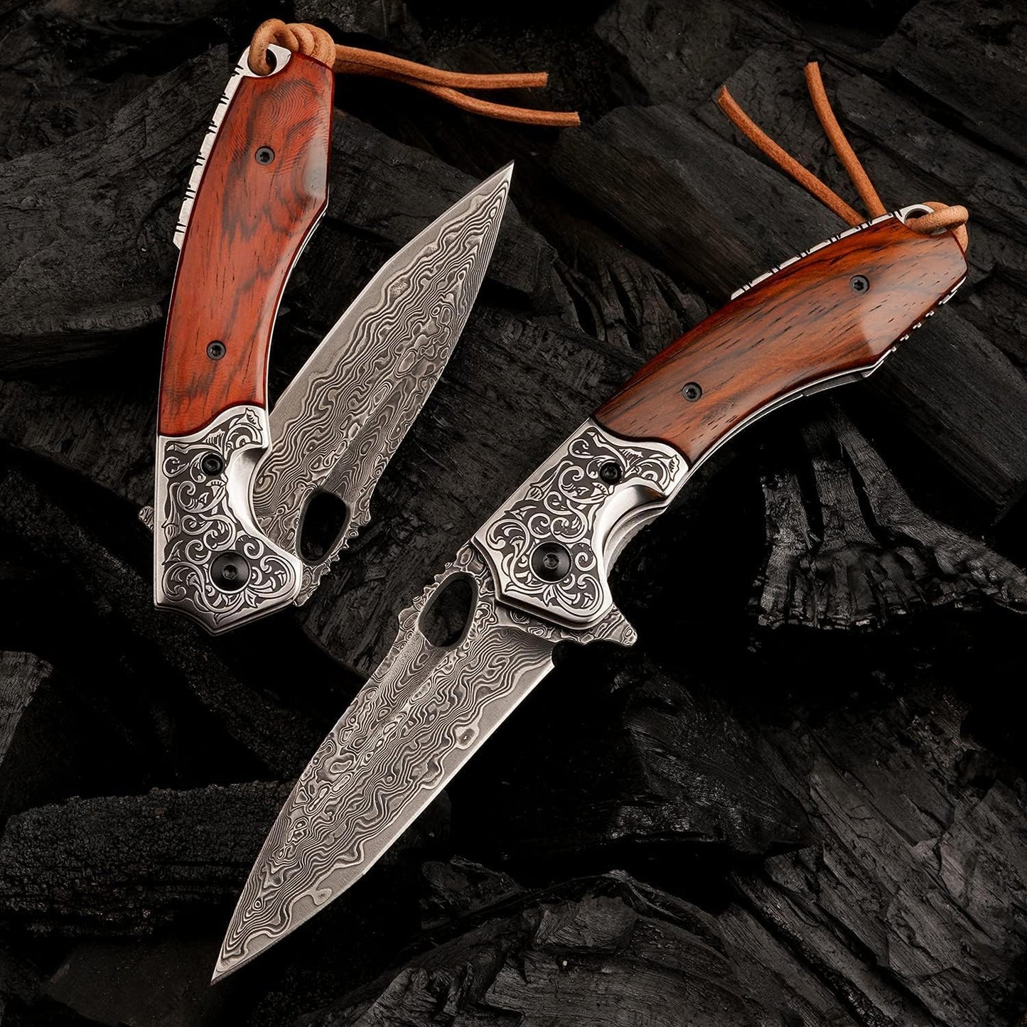 3.7 Inch Forging Handmade Edc Pocket Knives, Vg10 Damascus Steel,Rosewood Handle,Leather Sheath