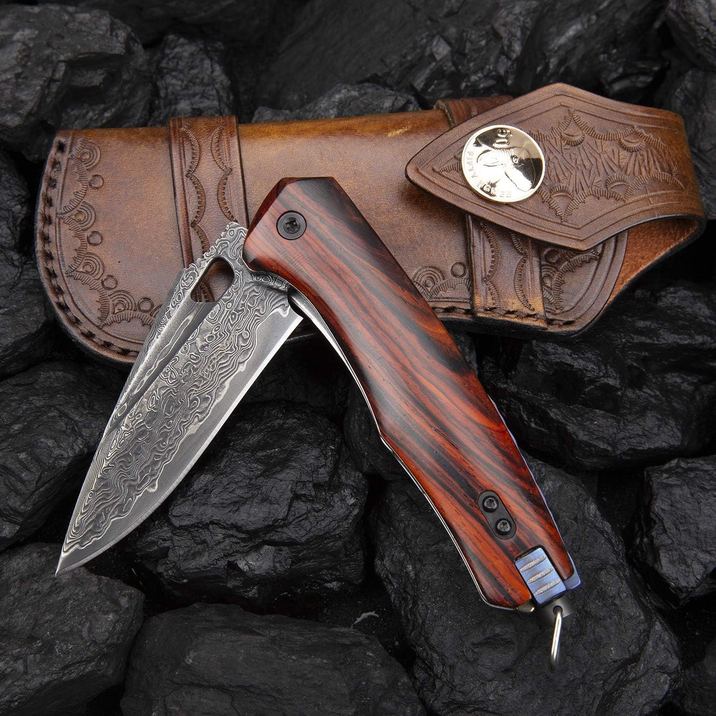 3 Inch Japanese Pocket Folding Knife,Vg10 Damascus Steel ,Rosewood Handle,Leather Sheath