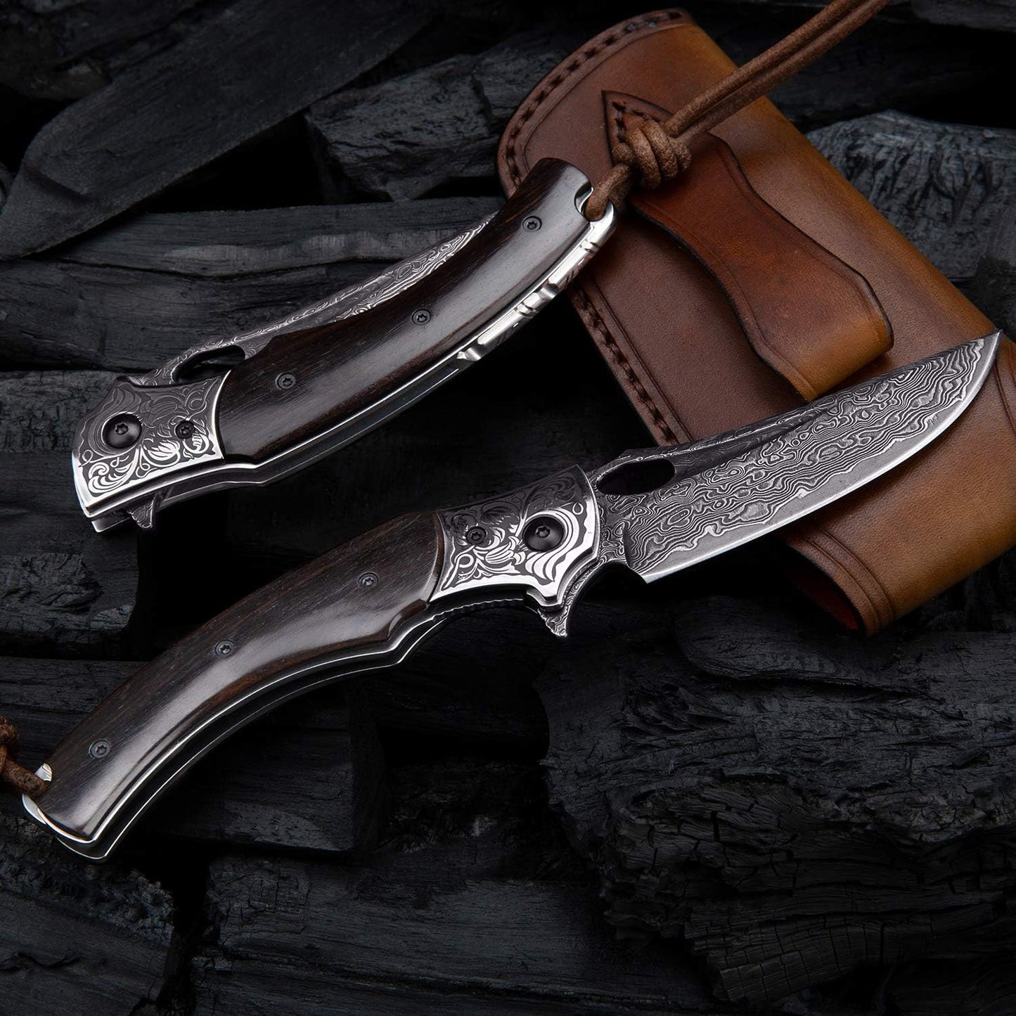 3.5in Handmade Japanese Folding Pocket Knife,Vg10 Damascus Steel Blade, Ebony Wood Handle,Liner Lock