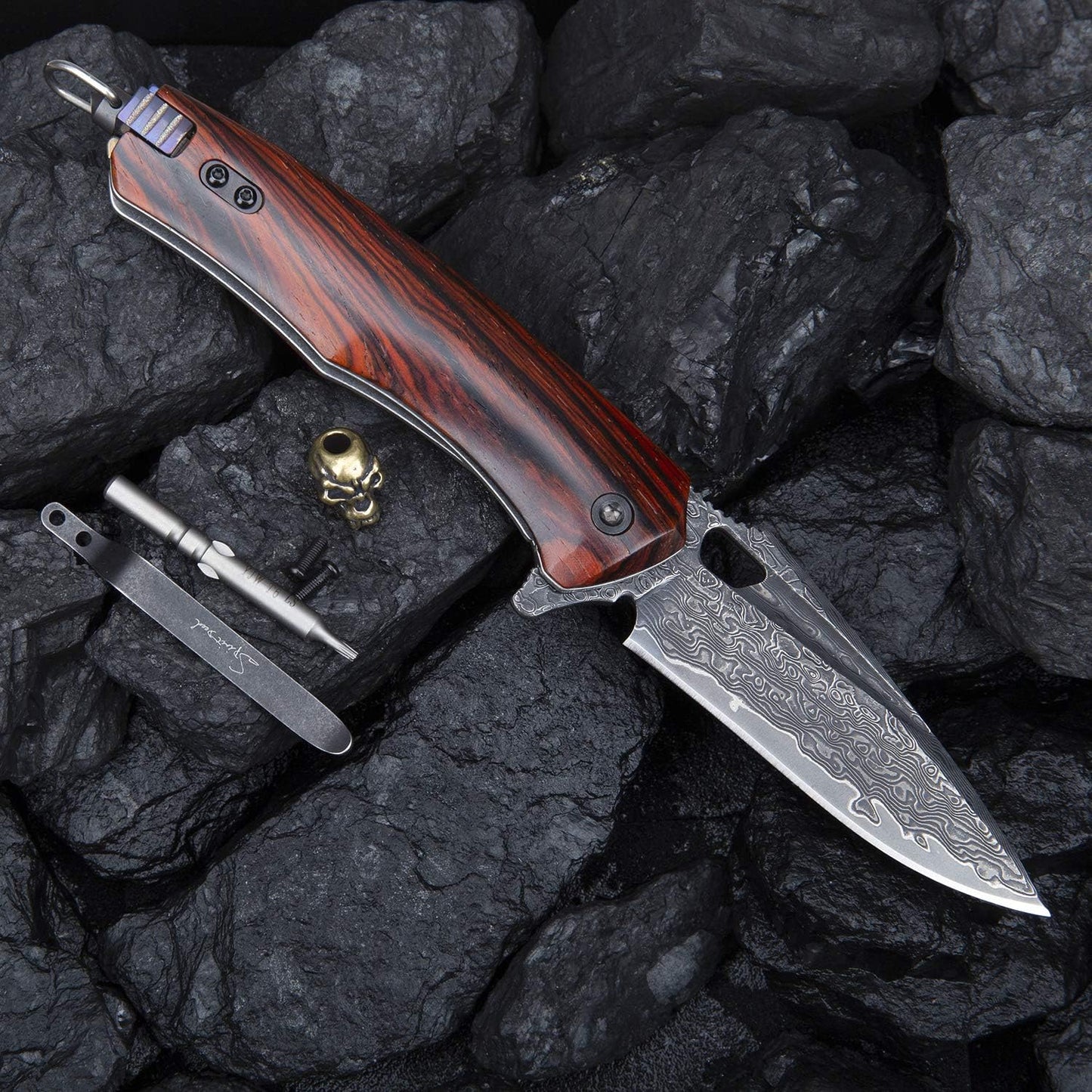 3 Inch Japanese Pocket Folding Knife,Vg10 Damascus Steel ,Rosewood Handle,Leather Sheath