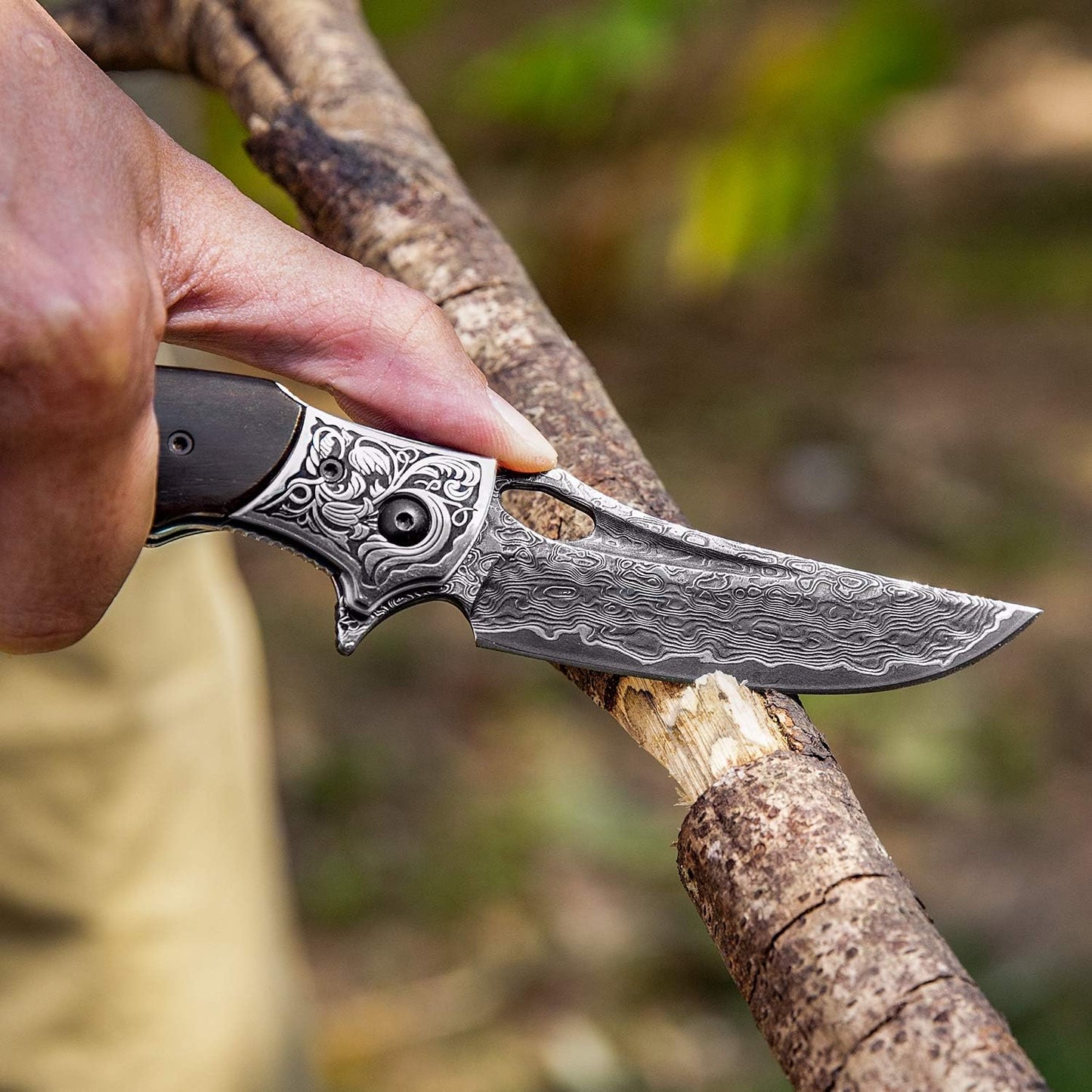 3.5in Handmade Japanese Folding Pocket Knife,Vg10 Damascus Steel Blade, Ebony Wood Handle,Liner Lock