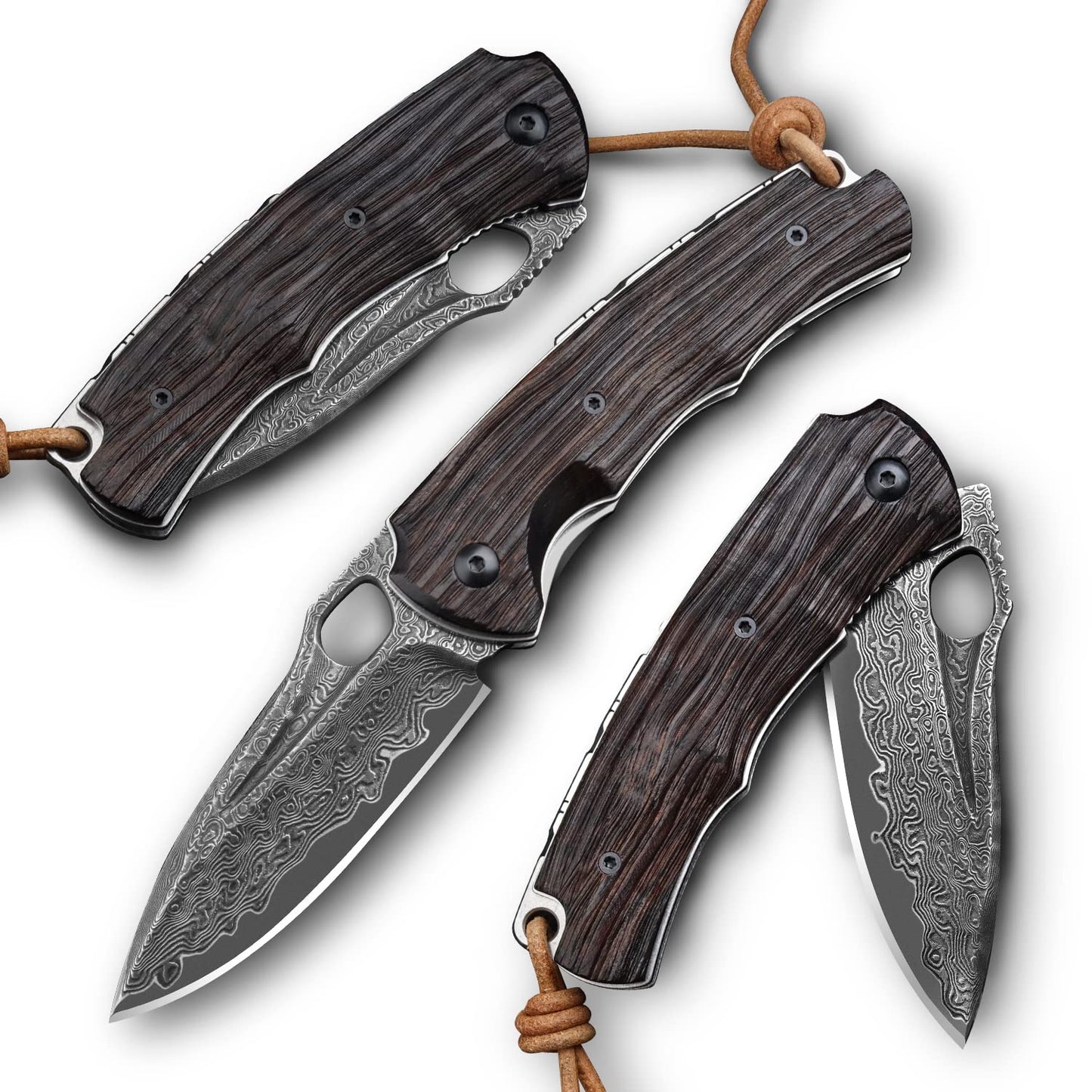 3in Handmade VG 10 Damascus Steel Knife Pocket Knife, Ebony Handle, with Liner Lock,Leather Case