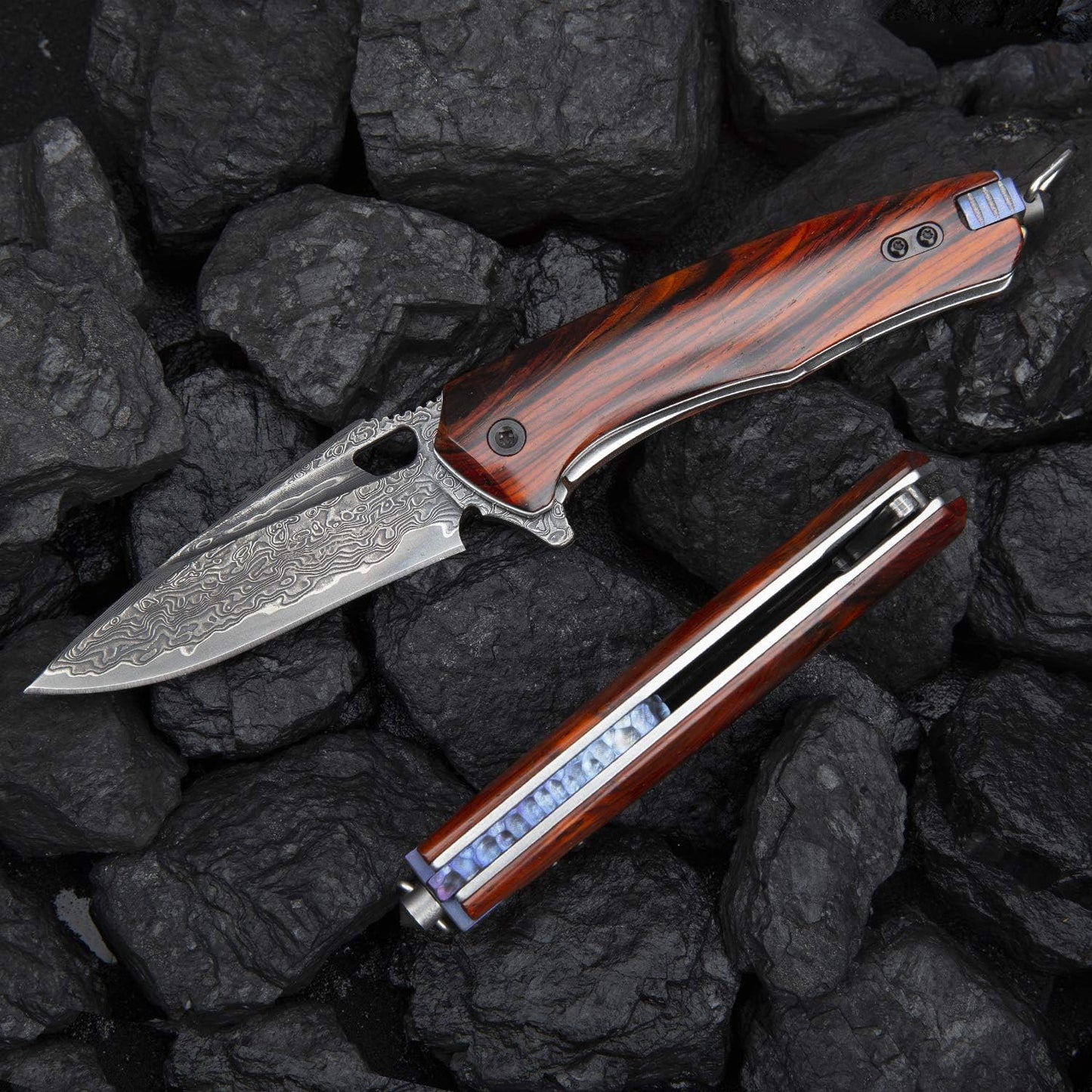 3 Inch Japanese Pocket Folding Knife,Vg10 Damascus Steel ,Rosewood Handle,Leather Sheath