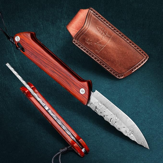 3.1 inch Handmade EDC Pocket Knife, Damascus Steel Blade, Rosewood Wooden Handle