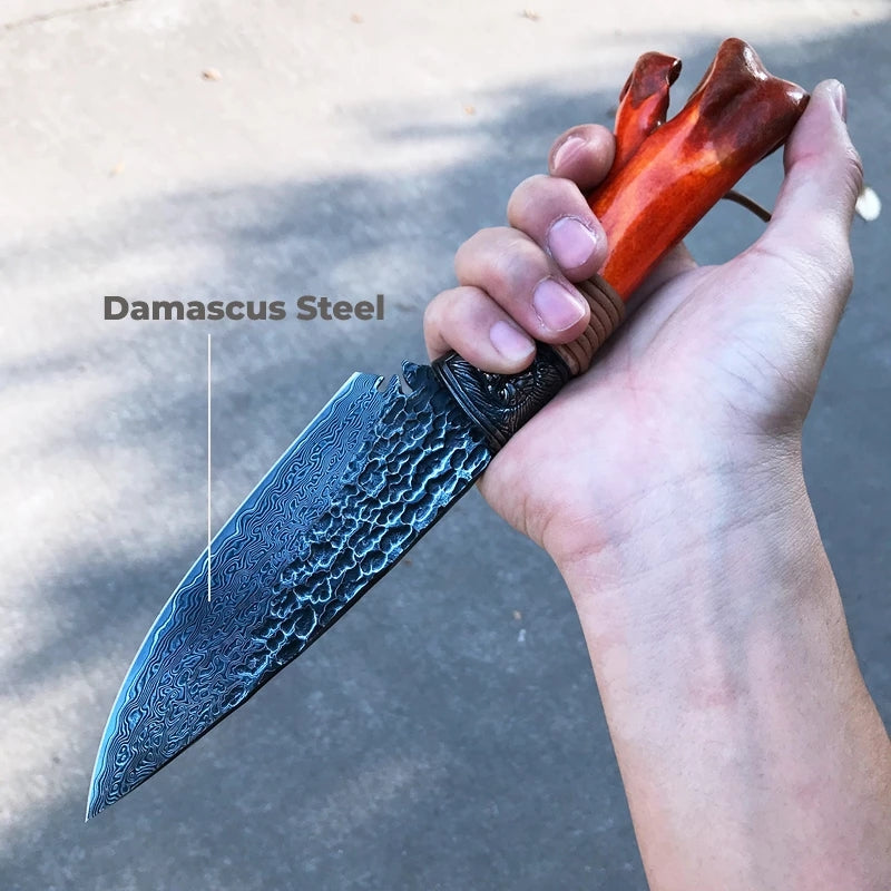 7Inch Outdoor Damascus Fixed Blade Knife, VG10 Damascus Steel, Ostrich Foot Bone Handle