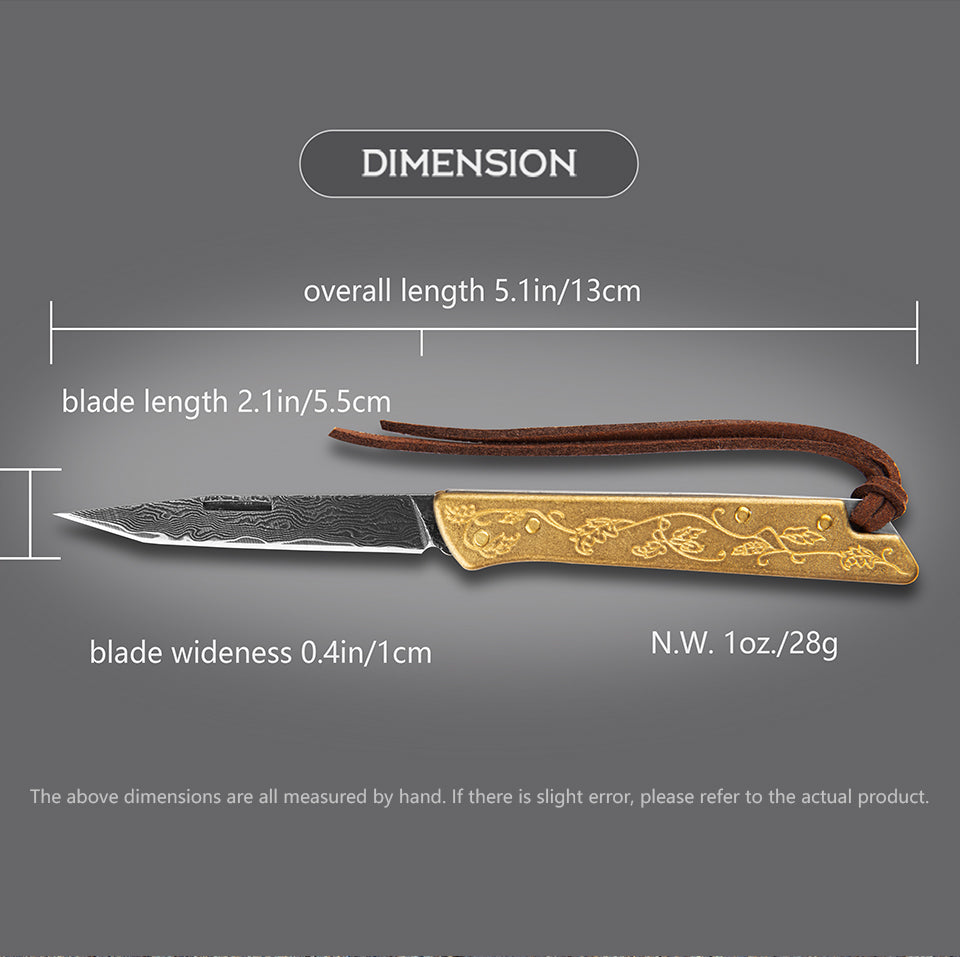 2.1 in Japanese Mini Keychain Folding Pocket Knife,67 Layers Damascus Steel,Copper Handle