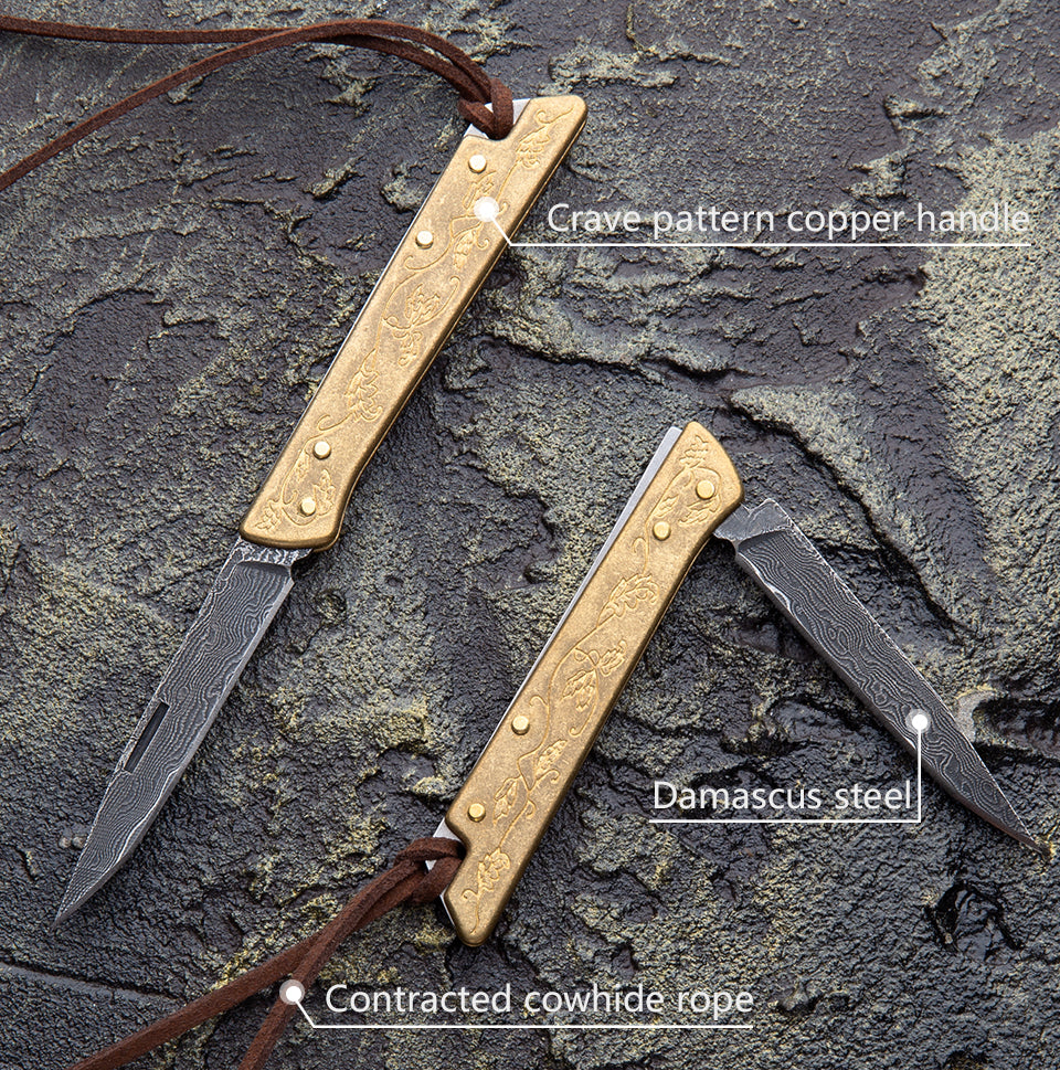 2.1 in Japanese Mini Keychain Folding Pocket Knife,67 Layers Damascus Steel,Copper Handle