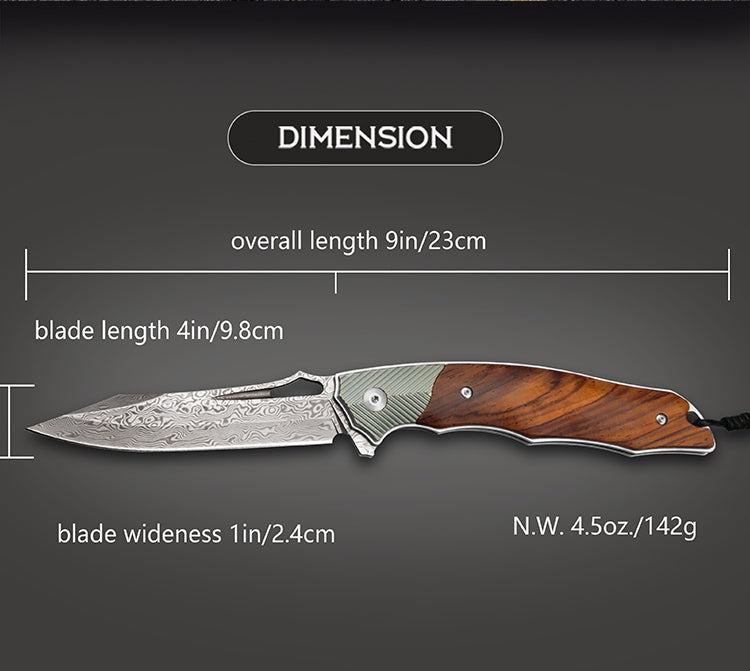 4in Handmade Folding Pocket Knife,Damascus Steel Blade,Titanium and Rosewood Handle,Liner Lock