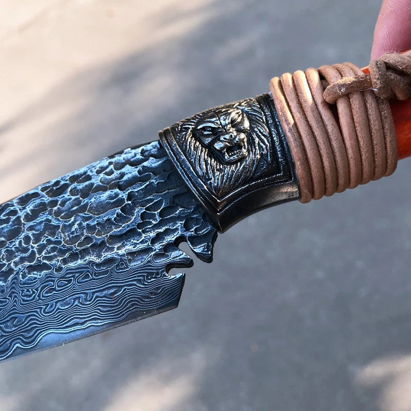 7Inch Outdoor Damascus Fixed Blade Knife, VG10 Damascus Steel, Ostrich Foot Bone Handle
