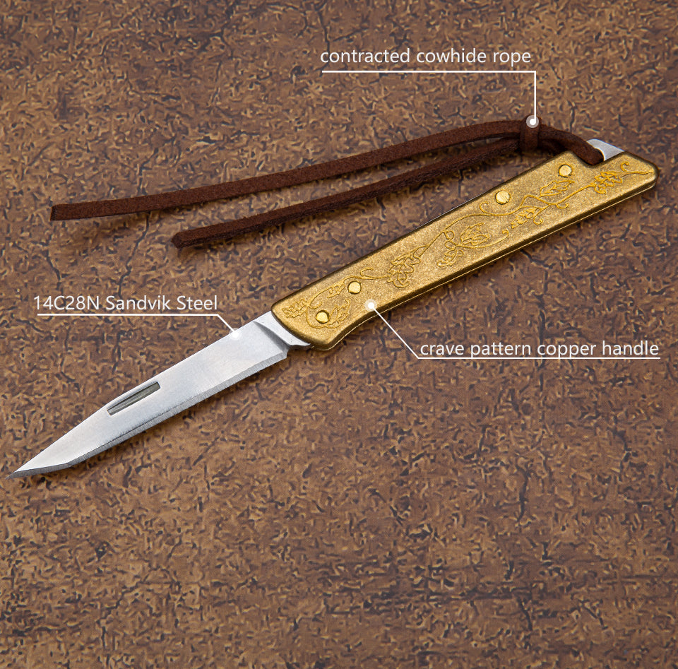 2.1 in Japanese Mini Keychain Folding Pocket Knife,14C27 Steel Blade,Copper Handle