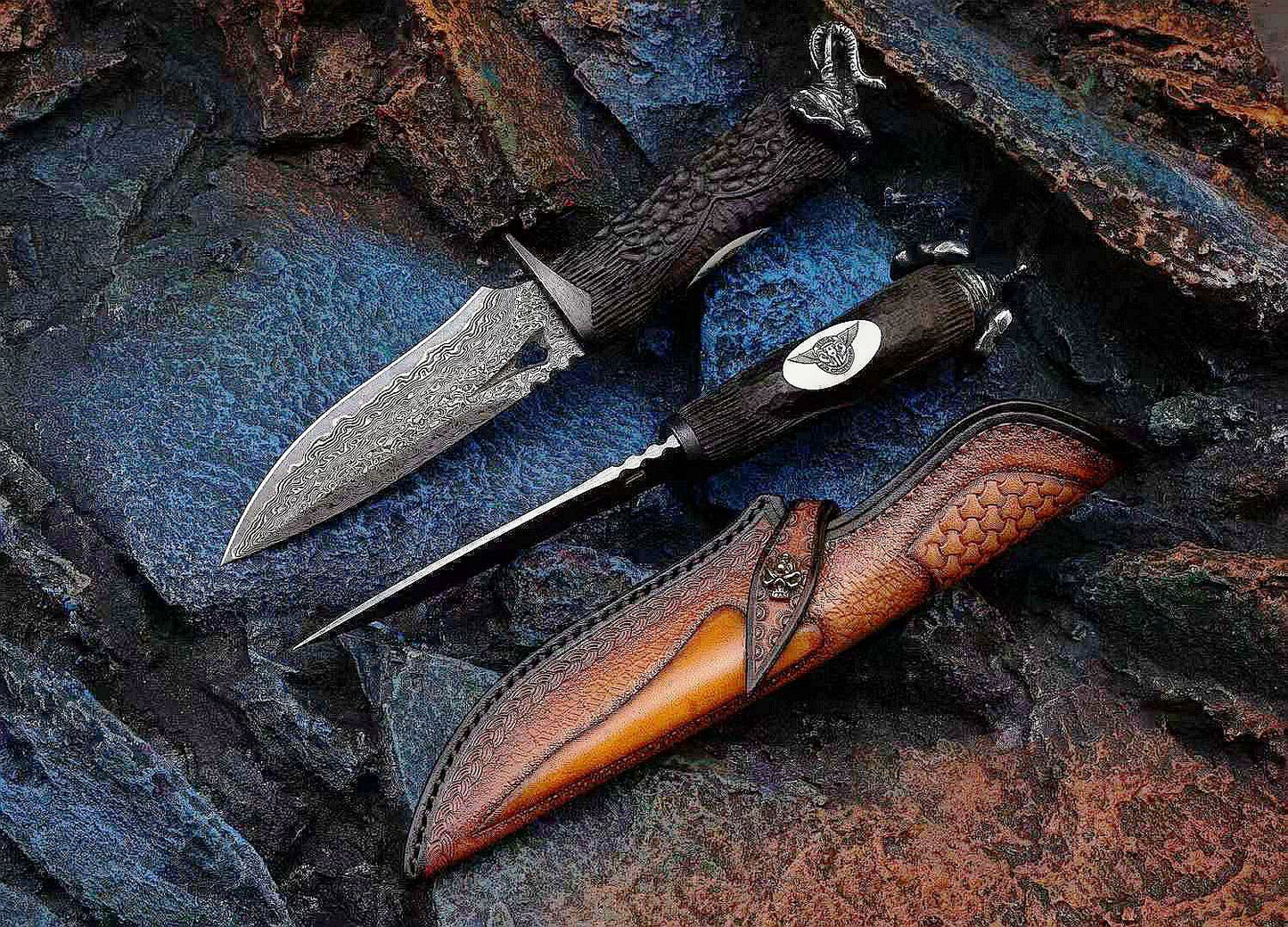Auspicious Elephant 3.9 Inch Outdoor Full Tang Fixed Blade Knife, VG10 Damascus Steel, Ebony Wood