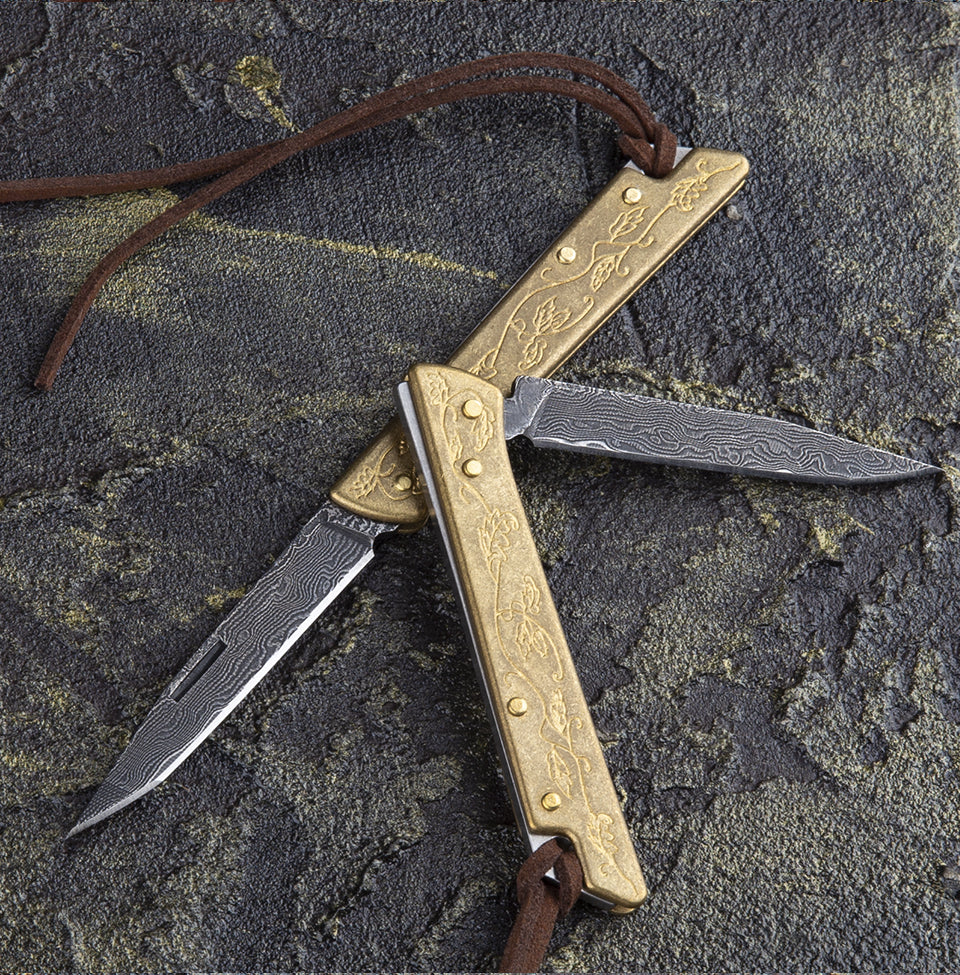 2.1 in Japanese Mini Keychain Folding Pocket Knife,67 Layers Damascus Steel,Copper Handle