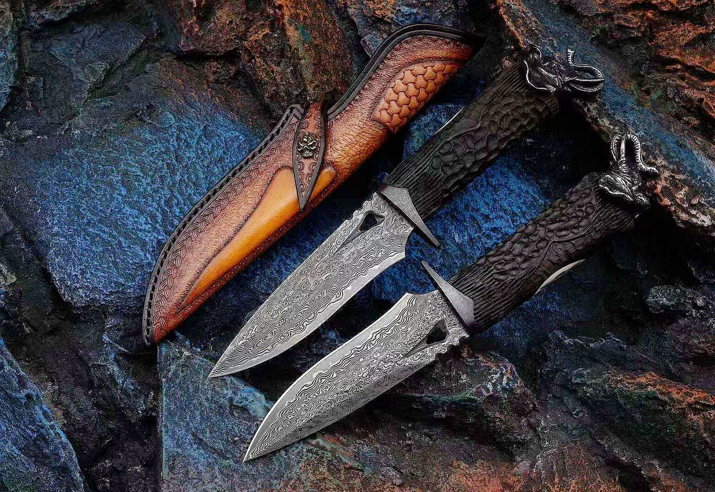 Auspicious Elephant 3.9 Inch Outdoor Full Tang Fixed Blade Knife, VG10 Damascus Steel, Ebony Wood