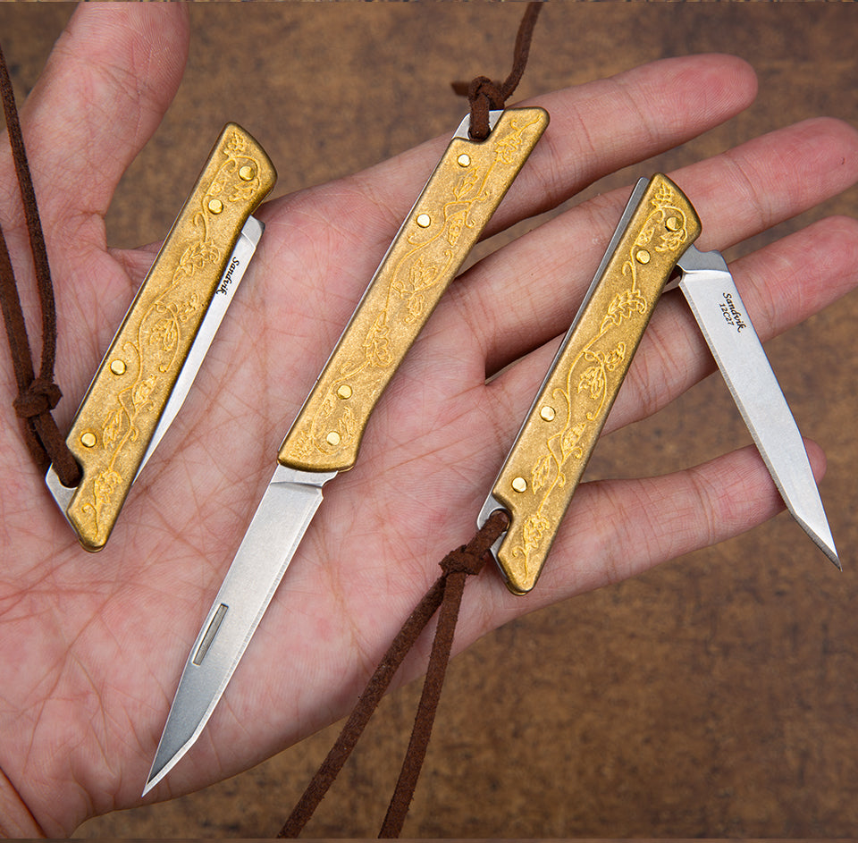 2.1 in Japanese Mini Keychain Folding Pocket Knife,14C27 Steel Blade,Copper Handle