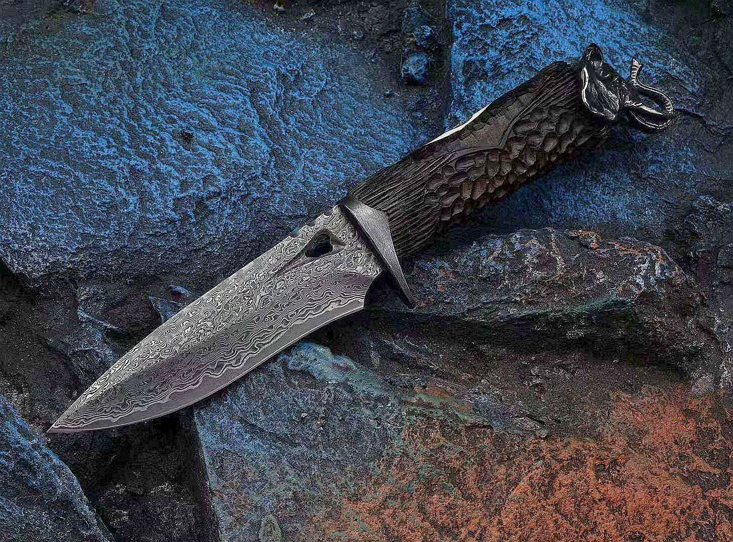 Auspicious Elephant 3.9 Inch Outdoor Full Tang Fixed Blade Knife, VG10 Damascus Steel, Ebony Wood