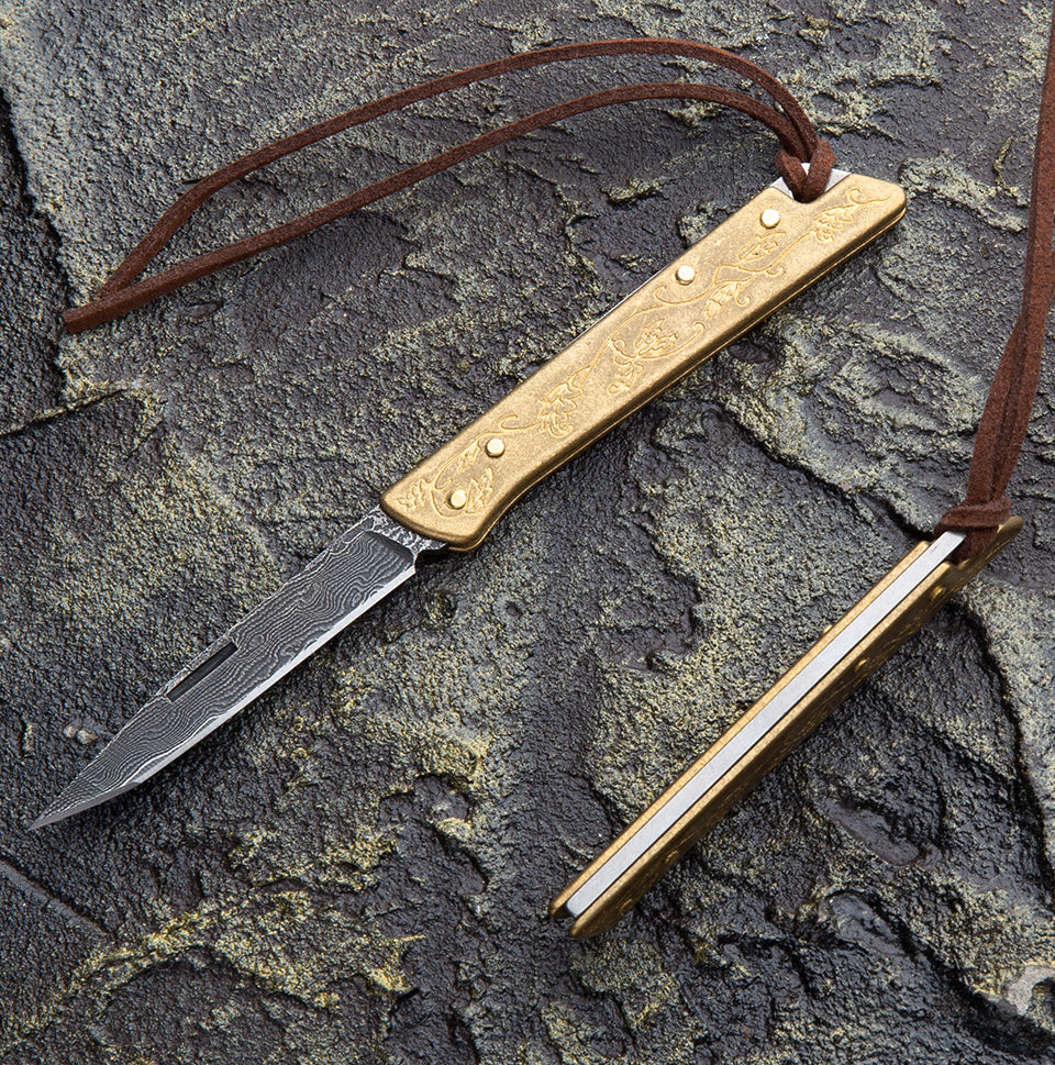 2.1 in Japanese Mini Keychain Folding Pocket Knife,67 Layers Damascus Steel,Copper Handle