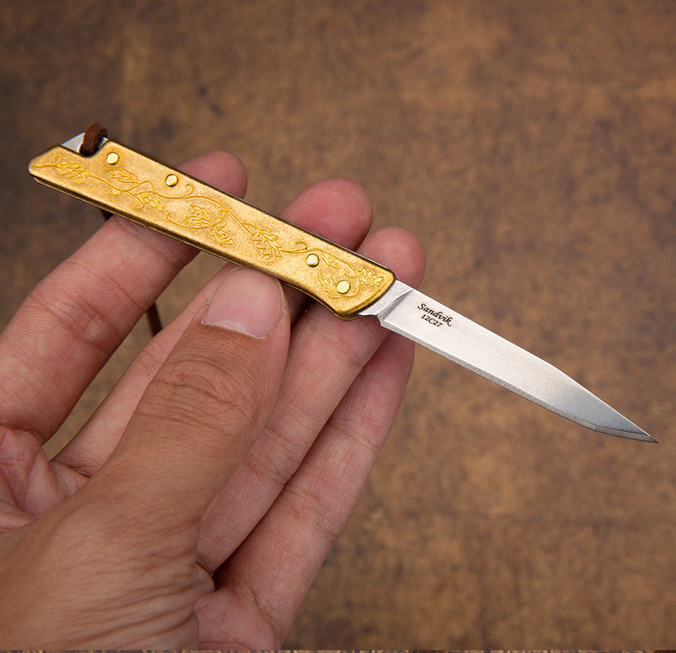 2.1 in Japanese Mini Keychain Folding Pocket Knife,14C27 Steel Blade,Copper Handle