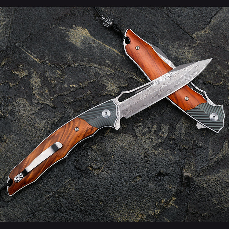 4in Handmade Folding Pocket Knife,Damascus Steel Blade,Titanium and Rosewood Handle,Liner Lock