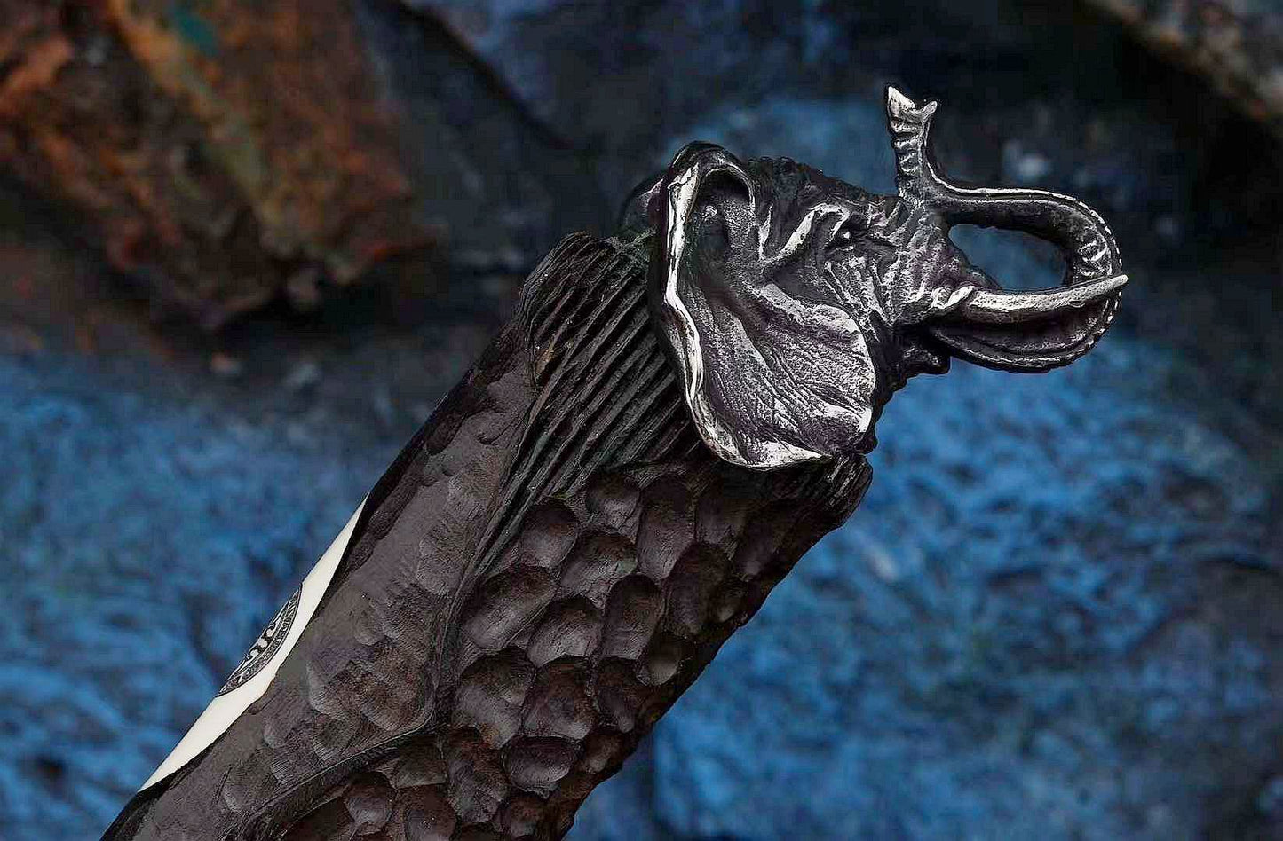 Auspicious Elephant 3.9 Inch Outdoor Full Tang Fixed Blade Knife, VG10 Damascus Steel, Ebony Wood