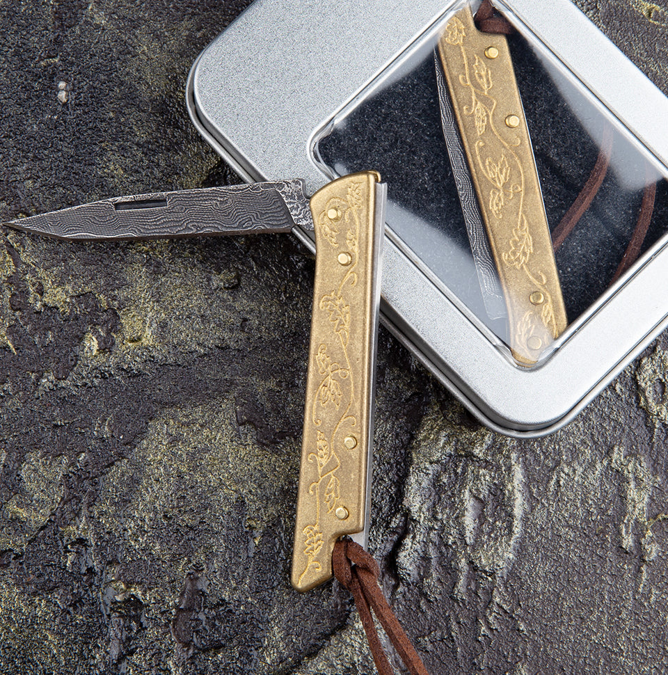 2.1 in Japanese Mini Keychain Folding Pocket Knife,67 Layers Damascus Steel,Copper Handle