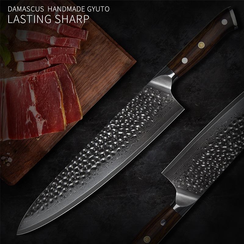 8.5 Inch Full Tang Kitchen Gyuto Knife, 73 Layers Damascus Steel, VG10 Steel Core, Iron Wood