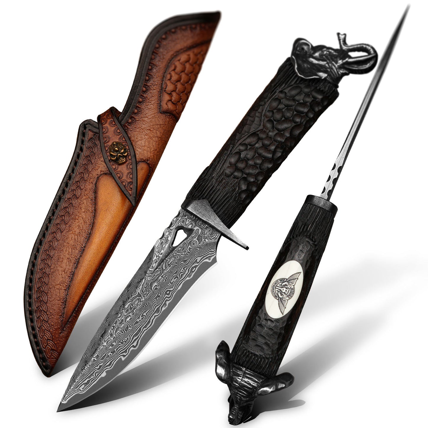 Auspicious Elephant 3.9 Inch Outdoor Full Tang Fixed Blade Knife, VG10 Damascus Steel, Ebony Wood
