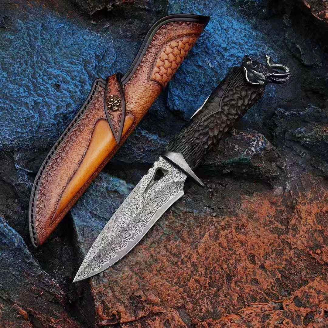 Auspicious Elephant 3.9 Inch Outdoor Full Tang Fixed Blade Knife, VG10 Damascus Steel, Ebony Wood