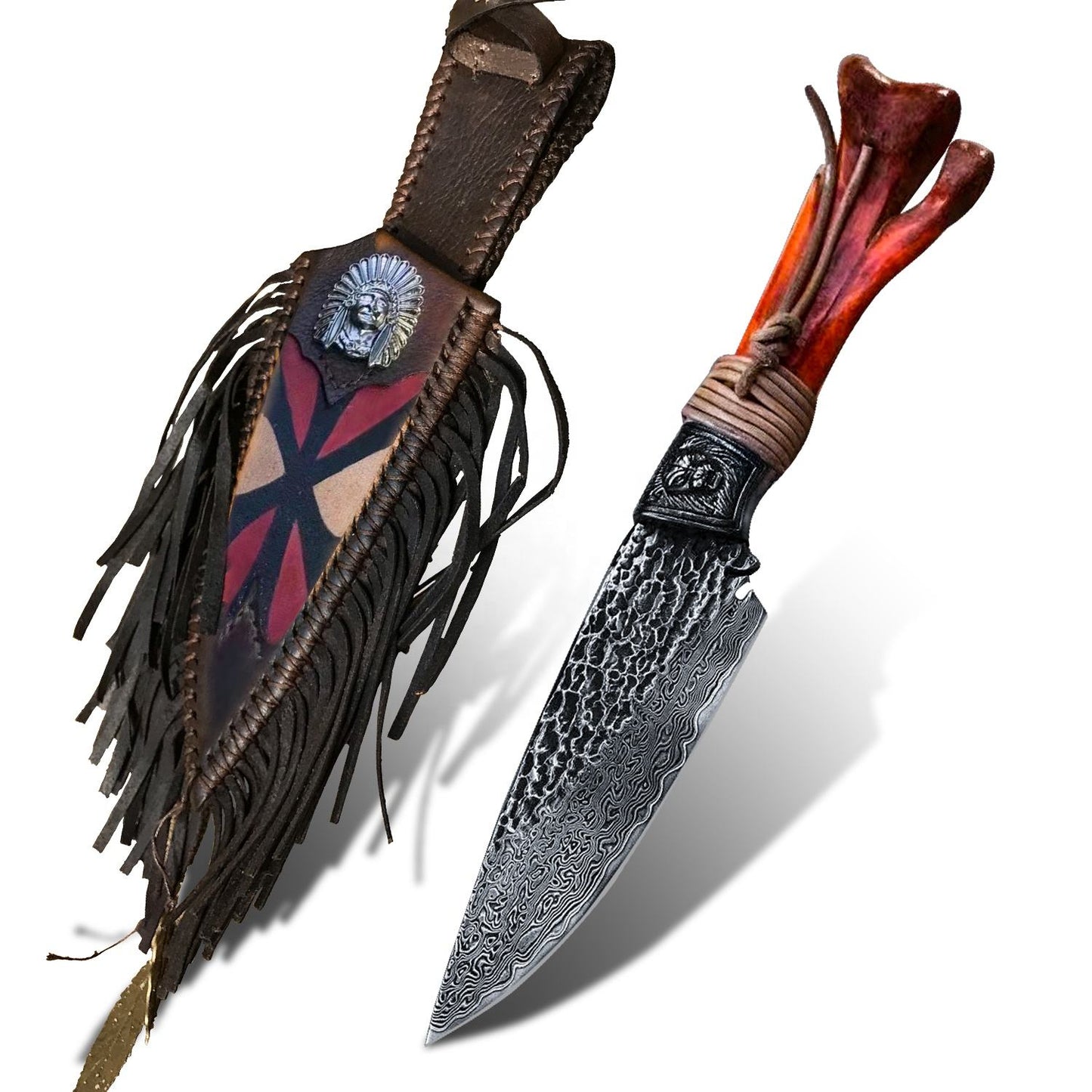 7Inch Outdoor Damascus Fixed Blade Knife, VG10 Damascus Steel, Ostrich Foot Bone Handle