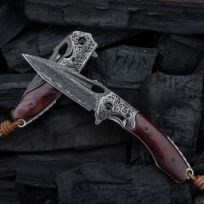 3.7 Inch Forging Handmade Edc Pocket Knives, Vg10 Damascus Steel,Rosewood Handle,Leather Sheath