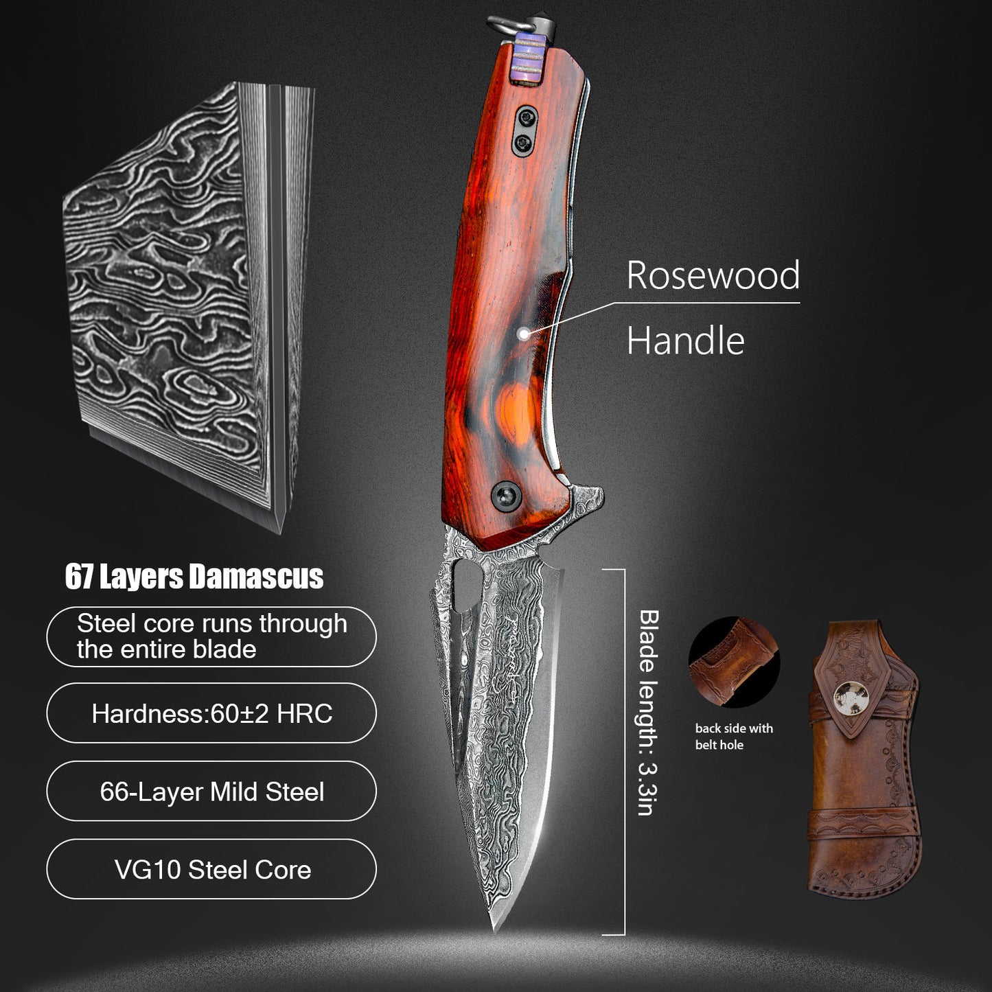 3 Inch Japanese Pocket Folding Knife,Vg10 Damascus Steel ,Rosewood Handle,Leather Sheath